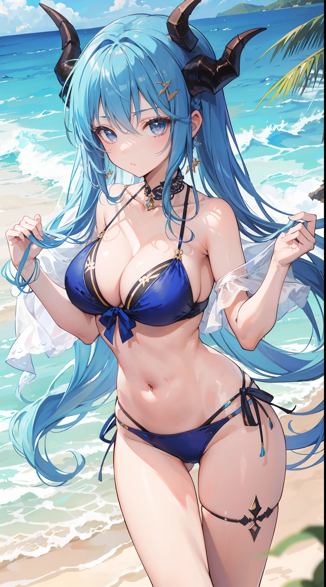 "On a beach, an enchanting girl with azure tresses, adorned with delicate dragon horns, gracefully dons a summer bikini, emitting a coy aura reminiscent of a classic tsundere character."
