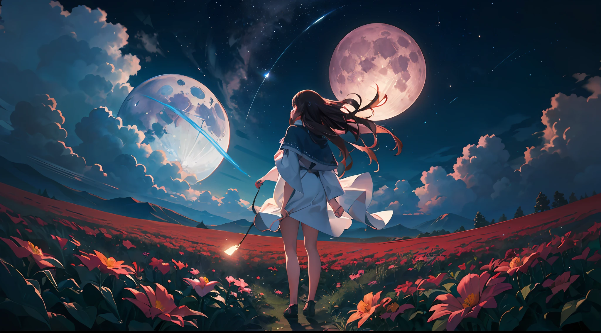 ((Best Quality)), ((Masterpiece)), Vast Landscape Photo, (From below, the sky above and the open field below), a girl standing on a flower field looking up, (Full Moon: 1.2), (Meteor: 0.9), (Nebula: 1.3), Far Mountains, Trees BREAK Making Art, (Warm Light Source: 1.2), (Firefly: 1.2), Lamps, Lots of Purple and Orange, Intricate Detailing, Volumetric Lighting, Realism BREAK (Masterpiece: 1.2), (Best Quality), 4K, Ultra-Detailed, (Dynamic Composition: 1.4), Very Detailed, Rich Detail, (Iridescent Colors: 1.2), (Glow, Atmospheric Lighting), Dreamy, Magical, (Solo: 1.2), Depth of Field, Maximum Sharpness and Clarity, Perfect Proportions,