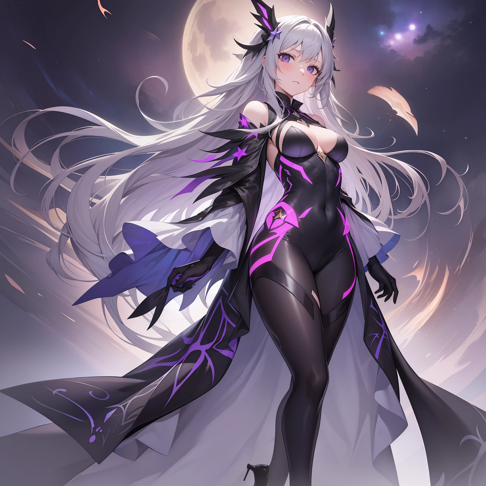 Age 30 years woman, Long gray hair with star Clip, bodysuit Merged with robes with glow Motive Dark black purple, high heels, Third person view, looking at the viewer, best quality, masterpiece, HD, Full Body, Night sky, variation angle, Serious expression, facing Side, red eyes