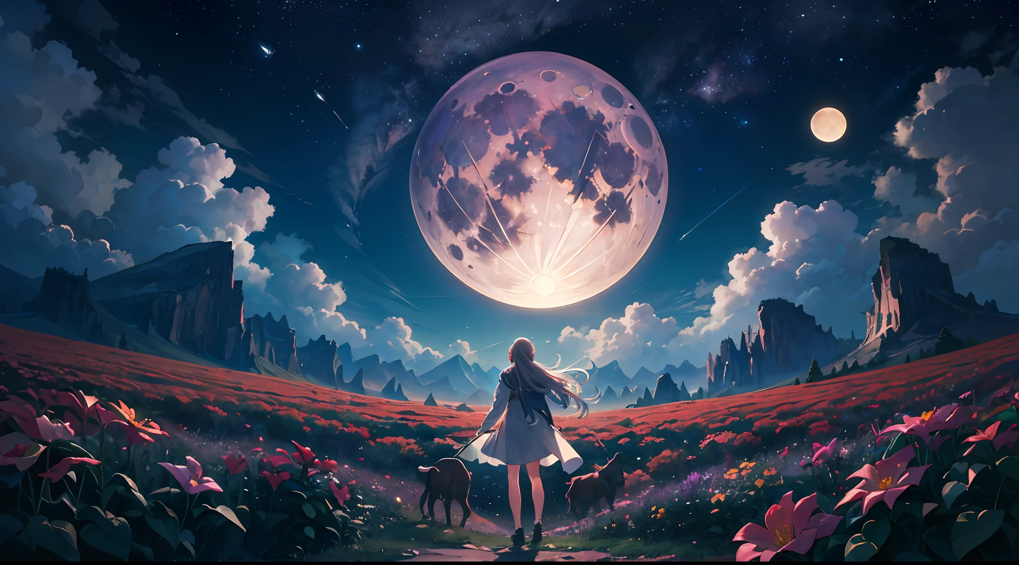A woman walking through a field with a dog under a full moon - SeaArt AI