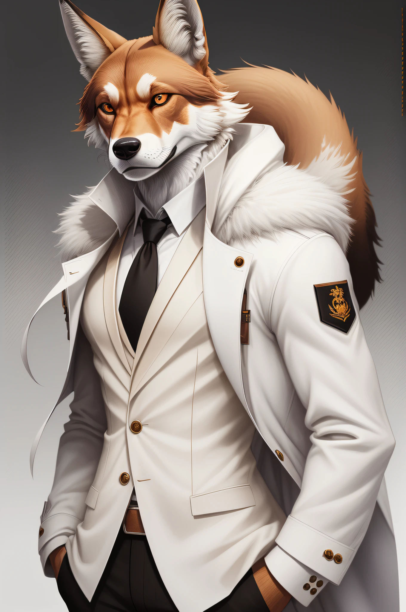 Create an image of an anthropomorphic maned wolf with a serious demeanor, appearing to be around 19 years old. He has the typical reddish-brown fur of a maned wolf, which is sleek and well-groomed. To add a touch of style to his appearance, he is wearing a white coat as clothing.

The white coat fits him perfectly and adds a sense of refinement to his overall look. Despite his youthful age, the maned wolf exudes a mature presence and carries himself with confidence and authority.

Emphasize his anthropomorphic features, such as his upright posture, anthropomorphic hands, and expressive facial features. Capture his serious expression, highlighting the intensity in his amber eyes, as well as the details of the white coat he is wearing.

Showcase the unique blend of the maned wolf characteristics and the stylish white coat, capturing the essence of this anthropomorphic individual with a serious yet refined appearance.