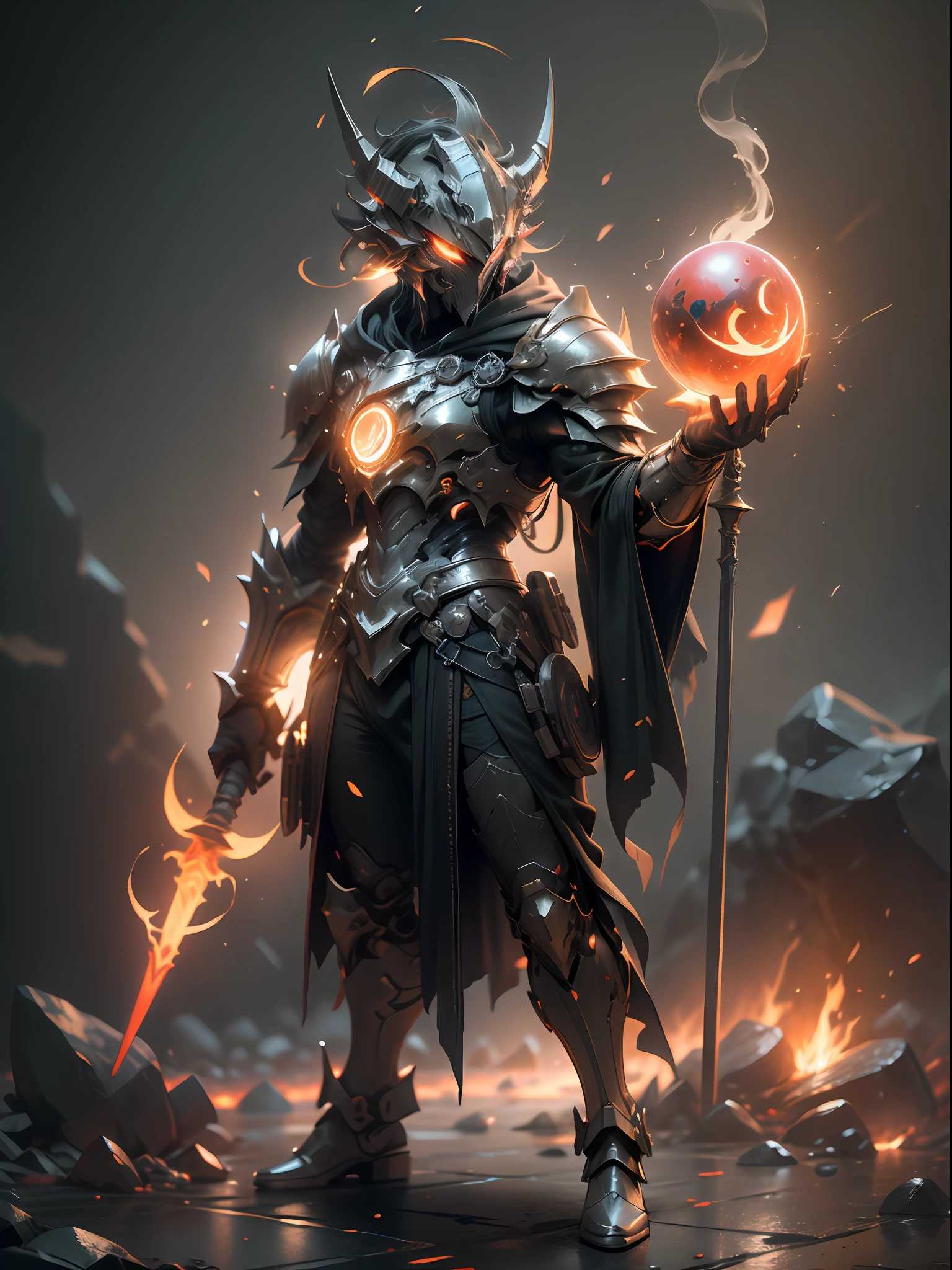 Ghost mage with lava wand, male mage, full body red armor, super cool ghost mage, wearing fiery red cloak, huge staff, glowing lava magic ball, magic pose, very tall, tall, glowing eyes, with mask, tall figure, perfect body proportions, looking up view, IP by pop mart, edge light, avatar, octane rendering, blender, black background of riot battlefield, 3d, c4d, best quality, very detailed, ancient technology, HDR (High Dynamic Range), Ray Tracing, NVIDIA RTX, Super Resolution, Unreal 5, Subsurface Scattering, PBR Texture, Post-processing, Anisotropic Filtering, Depth of Field, Maximum Sharpness and Sharpness, Multi-layer Textures, Albedo and Highlight Maps, Surface Shading, Accurate Simulation of Light-Material Interactions, Perfect Proportions, Octane Rendering, Two-tone Illumination, Low ISO, White Balance, Rule of Thirds, Wide Aperture, 8K RAW, High Efficiency Sub-Pixel, Subpixel Convolution, Luminous Particles, Light Scattering, The Tyndall effect
