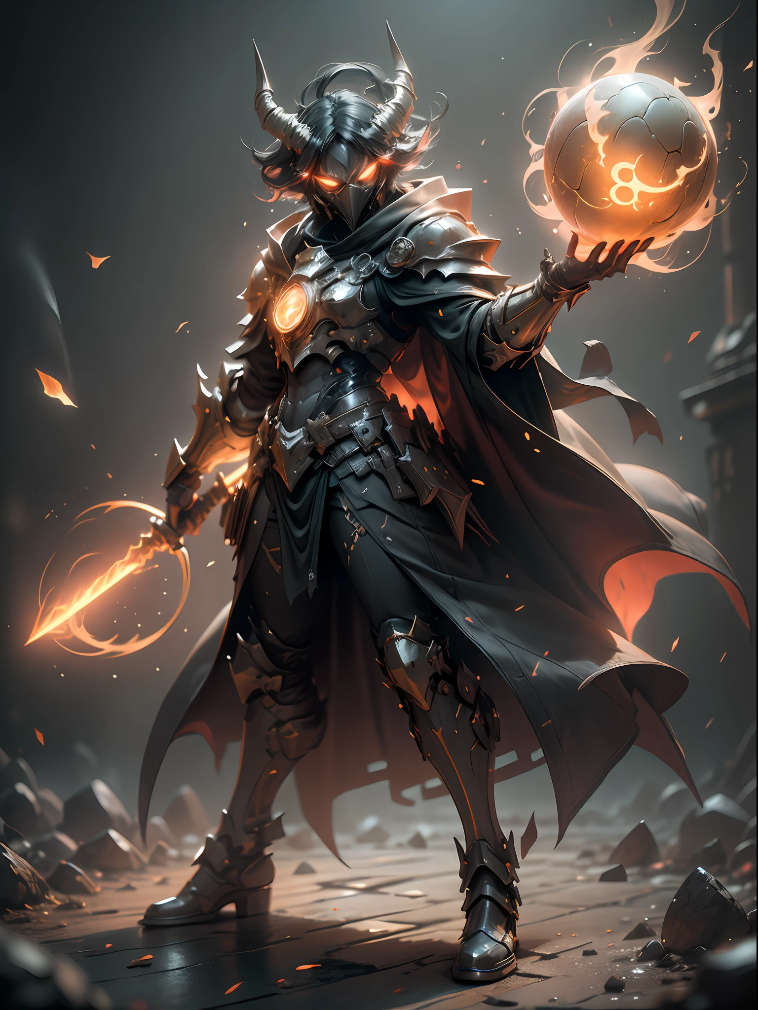 Ghost mage with lava wand, male mage, full body red armor, super cool ghost mage, wearing fiery red cloak, huge staff, glowing lava magic ball, magic pose, very tall, tall, glowing eyes, with mask, tall figure, perfect body proportions, looking up view, IP by pop mart, edge light, avatar, octane rendering, blender, black background of riot battlefield, 3d, c4d, best quality, very detailed, ancient technology, HDR (High Dynamic Range), Ray Tracing, NVIDIA RTX, Super Resolution, Unreal 5, Subsurface Scattering, PBR Texture, Post-processing, Anisotropic Filtering, Depth of Field, Maximum Sharpness and Sharpness, Multi-layer Textures, Albedo and Highlight Maps, Surface Shading, Accurate Simulation of Light-Material Interactions, Perfect Proportions, Octane Rendering, Two-tone Illumination, Low ISO, White Balance, Rule of Thirds, Wide Aperture, 8K RAW, High Efficiency Sub-Pixel, Subpixel Convolution, Luminous Particles, Light Scattering, The Tyndall effect
