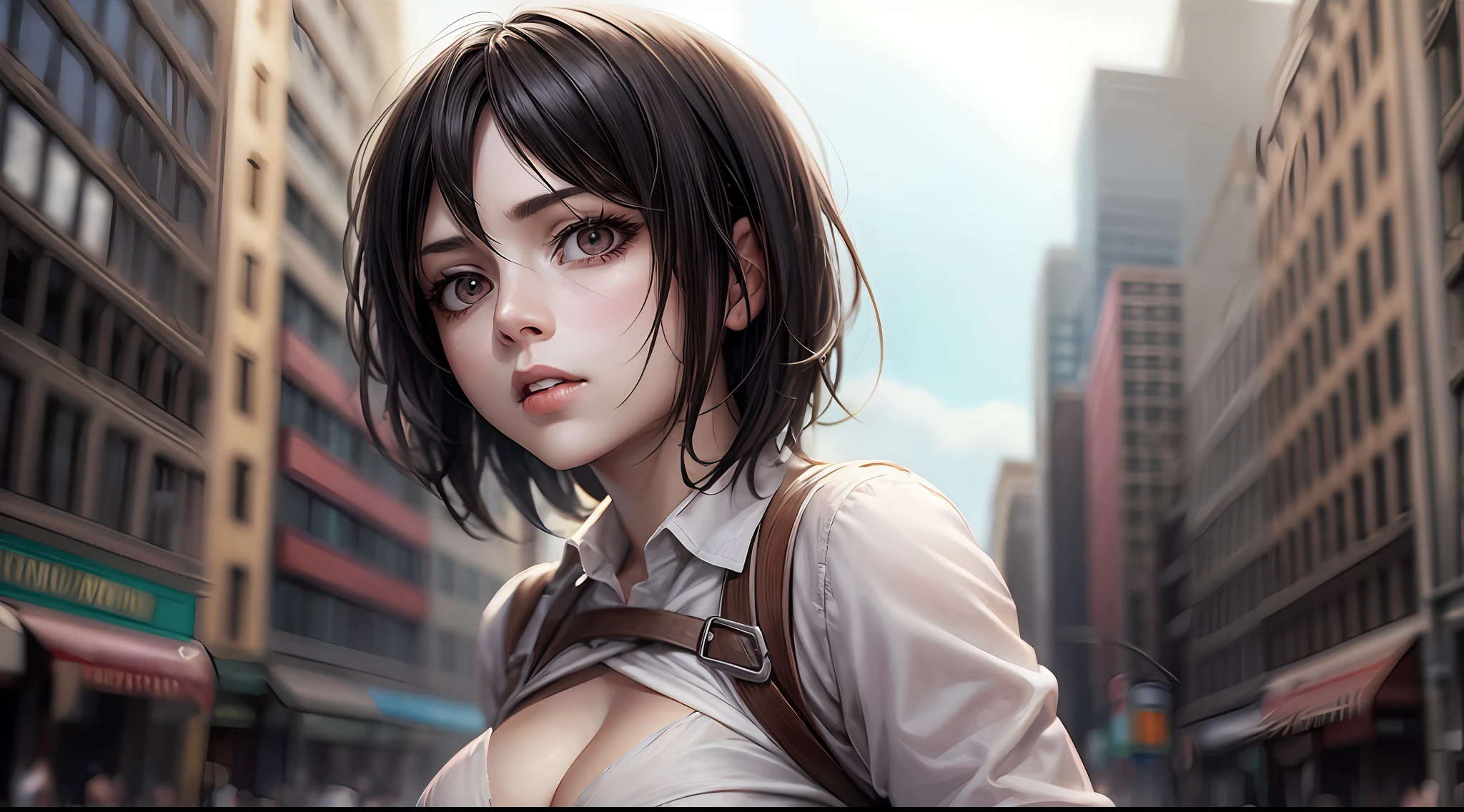 (Attack on Titan, Mikasa Ackerman), brown skin, white dress, (short black hair), young, cute, beautiful girl, perfect style, big, emphasizing cleavage, expressionless, realistic, photoreal, 8k, highly detailed, highest quality, best quality, super high definition, masterpiece, one girl, (background is American Broadway),