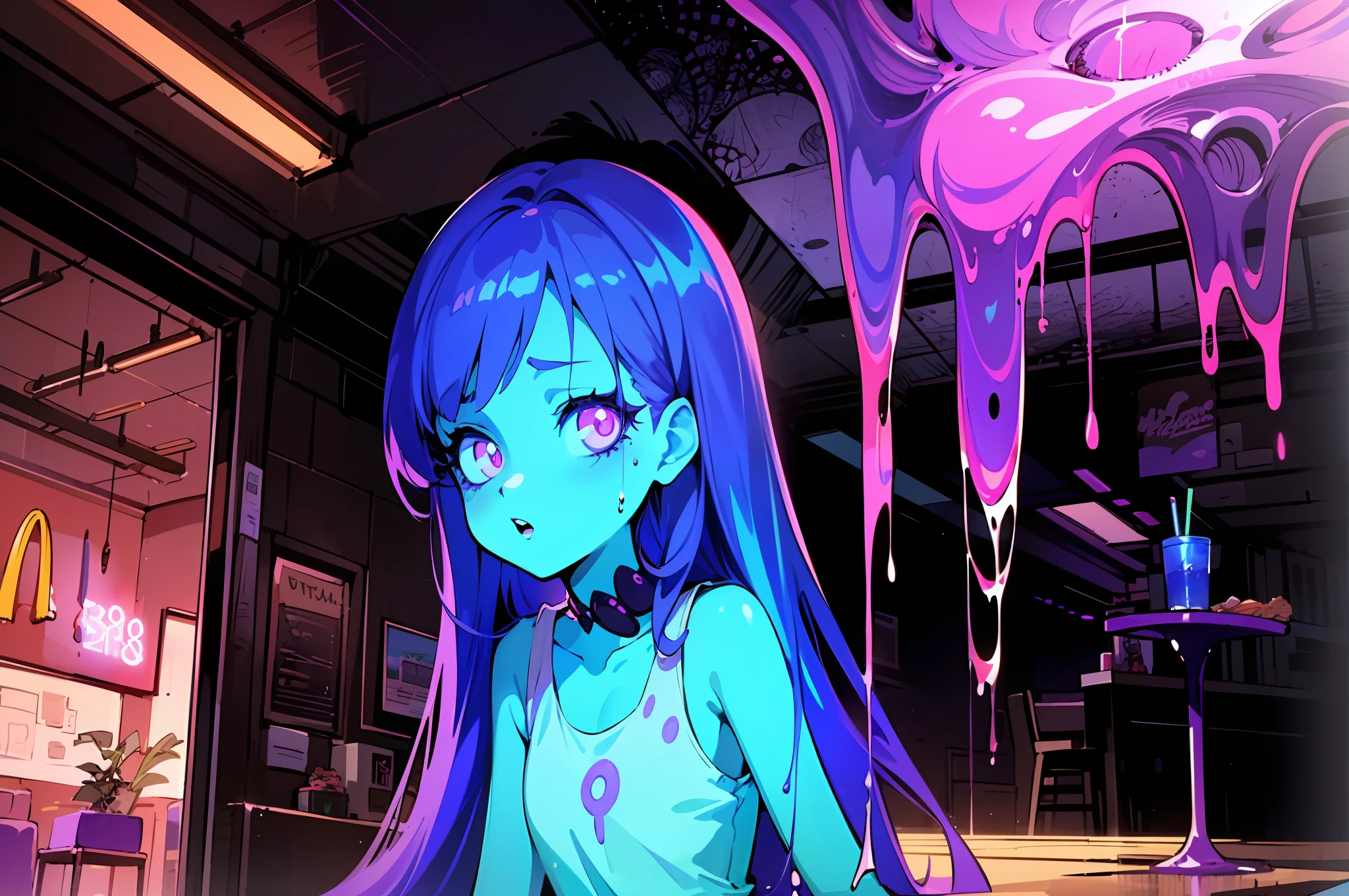 ((vintage mcdonalds fast food restaurant)), (((liminal horror))), (((analog horror))), (((dim lighting))), (((flickering lights))), ((spilled purple shake)), (((purple lighting))), (((purple horror atmosphere))), purple ooze, mind-controlled anime character sitting at a desk with spilled purple shake in tall clear plastic shake cup, (((clear tall plastic cup knocked over))), (((purple shake oozing everywhere))), ((purple shake oozing across desk onto floor)), ((purple shake splattered on walls)), ((purple splatters on wall and floor)), (((glowing staring eyes oozing purple glowing liquid))), lofi girl, analog horror girl, lofi artstyle, lofi art, lofi portrait, lofi feel, lofi vibes, lofi, lofi vibe, lofi colors, lo-fi art, lofi hip hop, lofi girl aesthetic, lo-fi illustration style, lofi aesthetic, (((highly stylized 80s anime screenshot)))