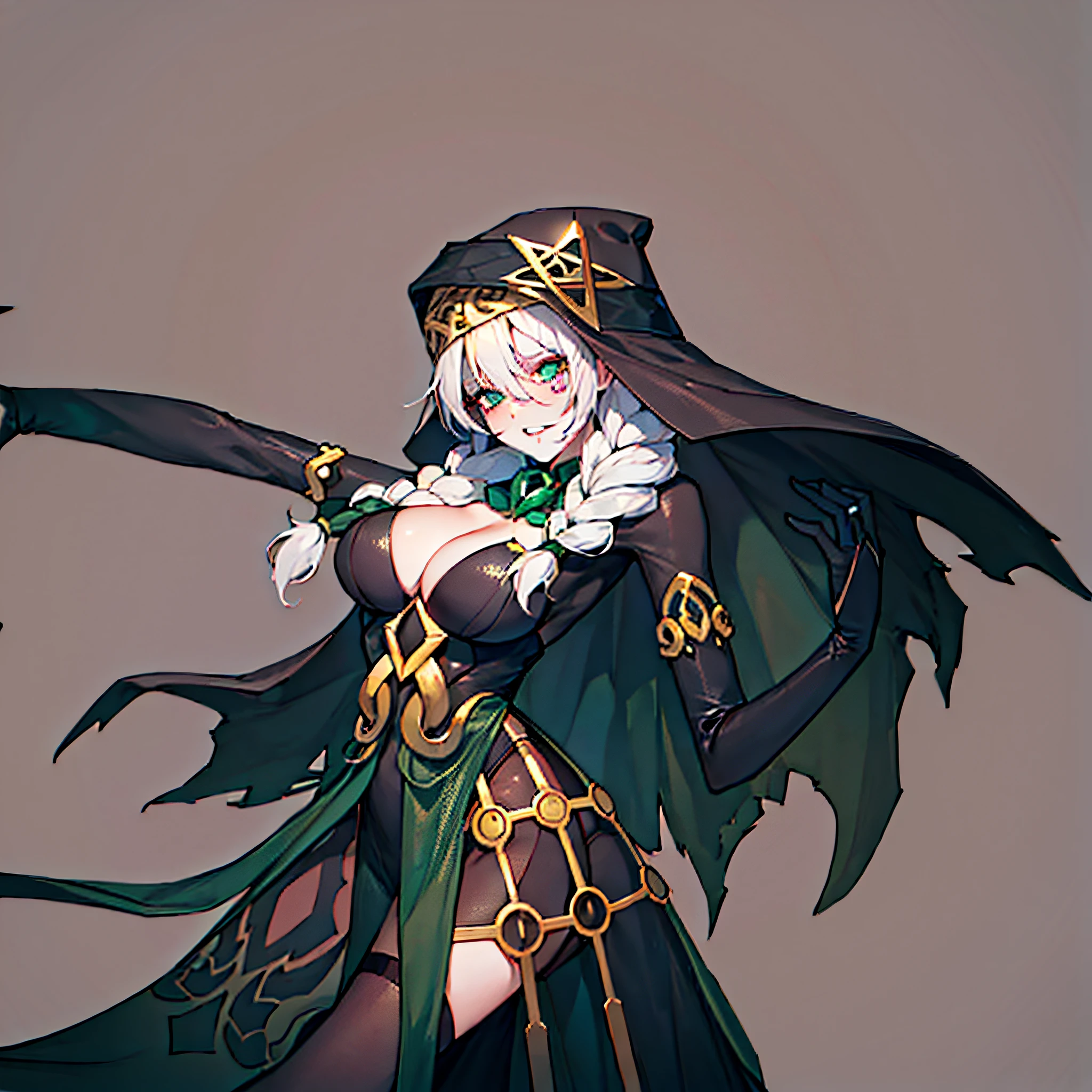 White hair, black clothes, black stockings, gold ornaments, sexy witch, green embellishments, masterpiece, high details, ccurate, best quality, 8k,1 girl, cthulhu, dark, gothic, pretty face, (simple background), smoky makeup