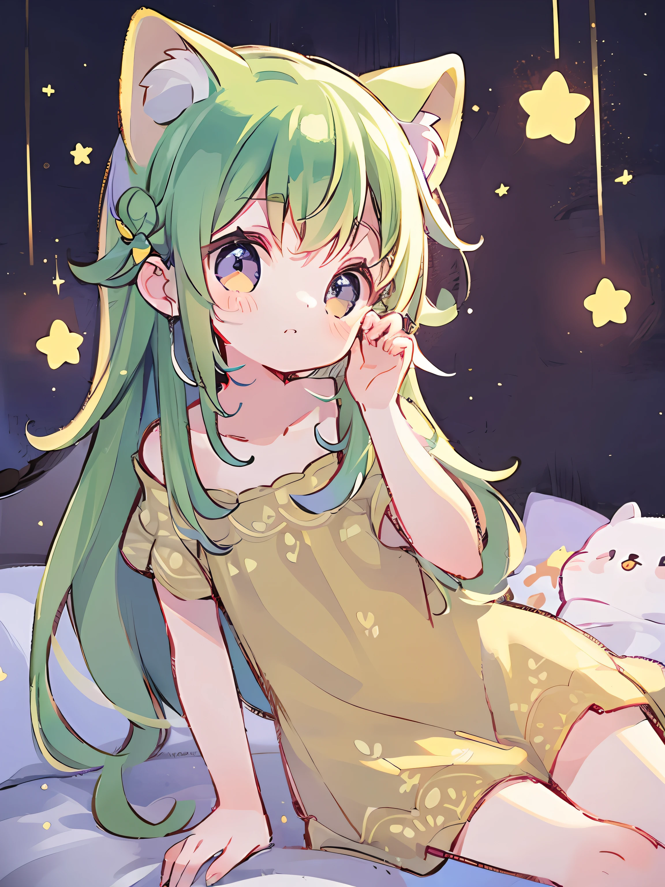 (masterpiece), top quality, super high resolution, cute facial features, flat design, yellow theme, one girl, light beige hair, indigo eyes, (sleepy eyes: 1.1), (cute yellow night dress), cute, one hand on face, bedtime, disheveled long hair, green hair, cat ears, full body, (simple dark background), giant stars shining in the dark, bedroom