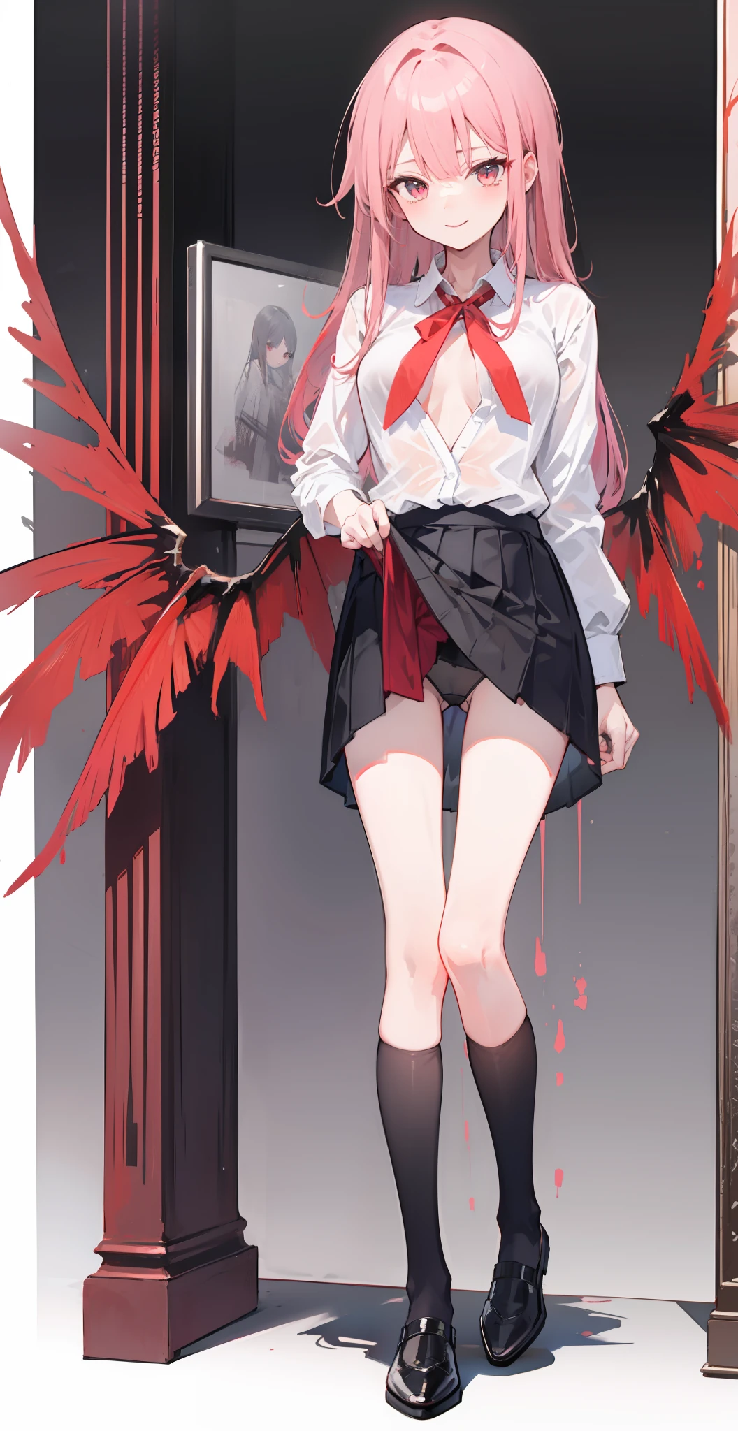 No , transparent top, miniskirt, black stockings, long pink hair, love in the eyes, red wings, sweet smile, skirt lifted, long hair to the waist, dagger in hand, unbuttoned top.