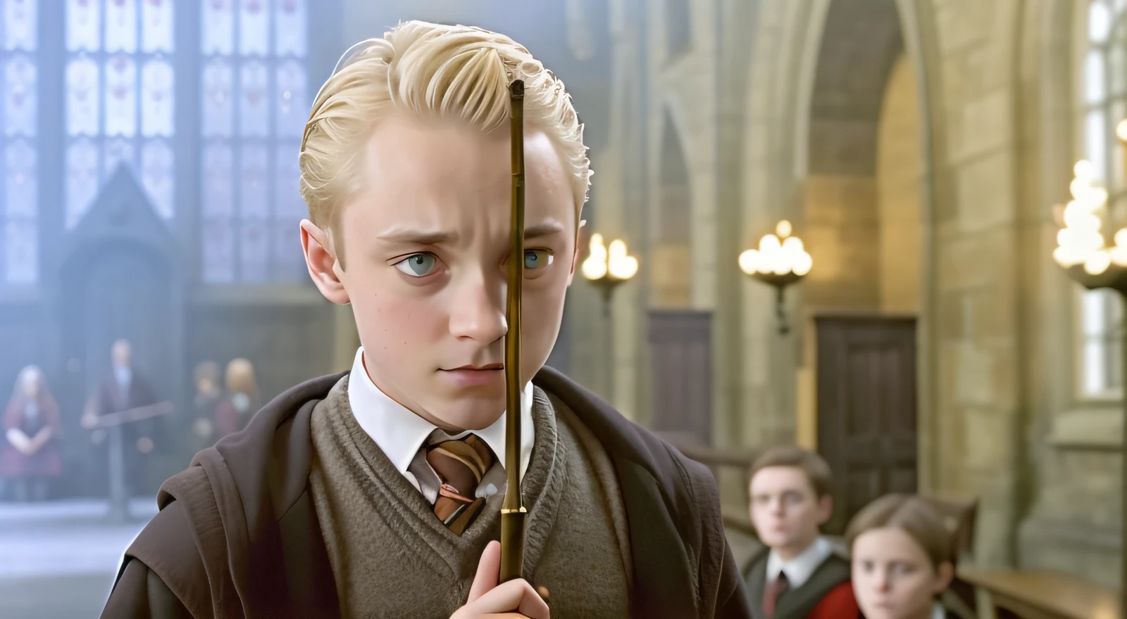 harry potter is holding a wand in a hogwarts hall, similar to malfoy, draco, film still from harry potter, elijah wood as harry potter, harry potter movie screenshot, still from harry potter, blonde boy with yellow eyes, still from harry potter movies, holding the elder wand, holding a wand, holding wands, young tom hiddleston, holding wand