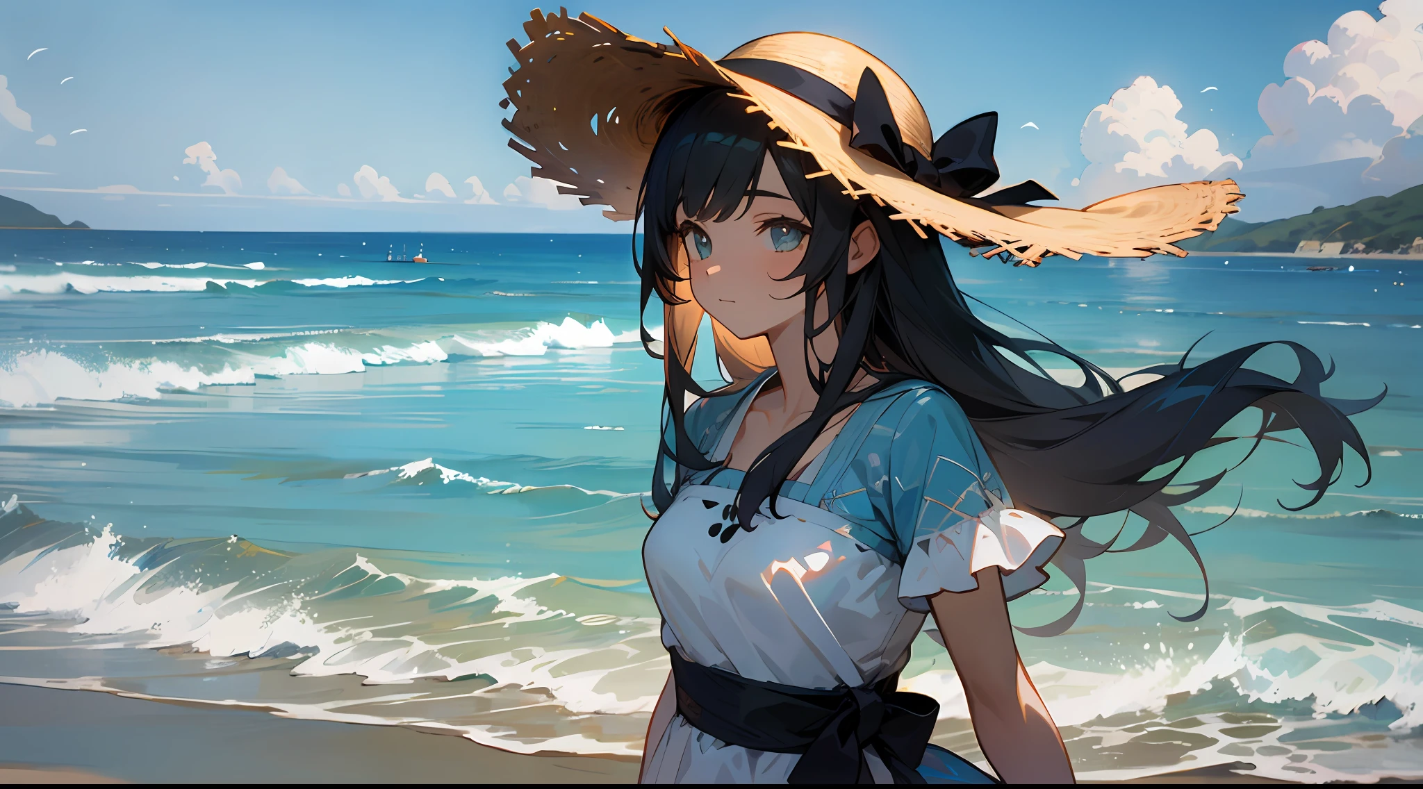 Upper body, medium view, a girl, long hair, detailed eyes, dress, straw hat, sideways, walking by the sea, beach, summer, sky, sun, wind, arms behind back