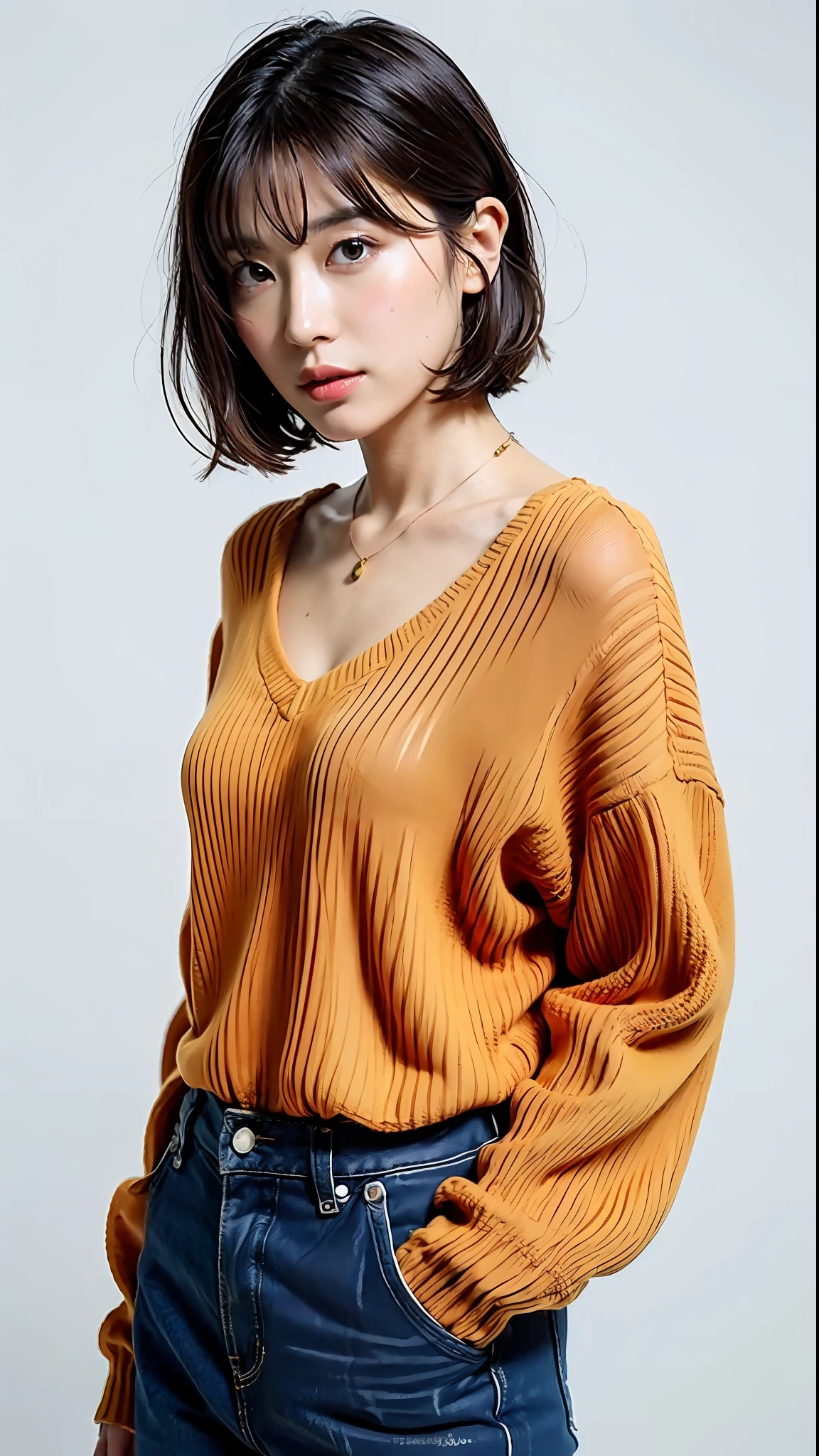 (Best Quality, 8k, 32k, Masterpiece, UHD: 1.2), Cute Japan Woman Pictures, Very Short Bob Hair, Face Focus, (oversized_sweater,:1.1) Necklace, Simple Background, Watch Viewer, Leaning Forward, Full Body