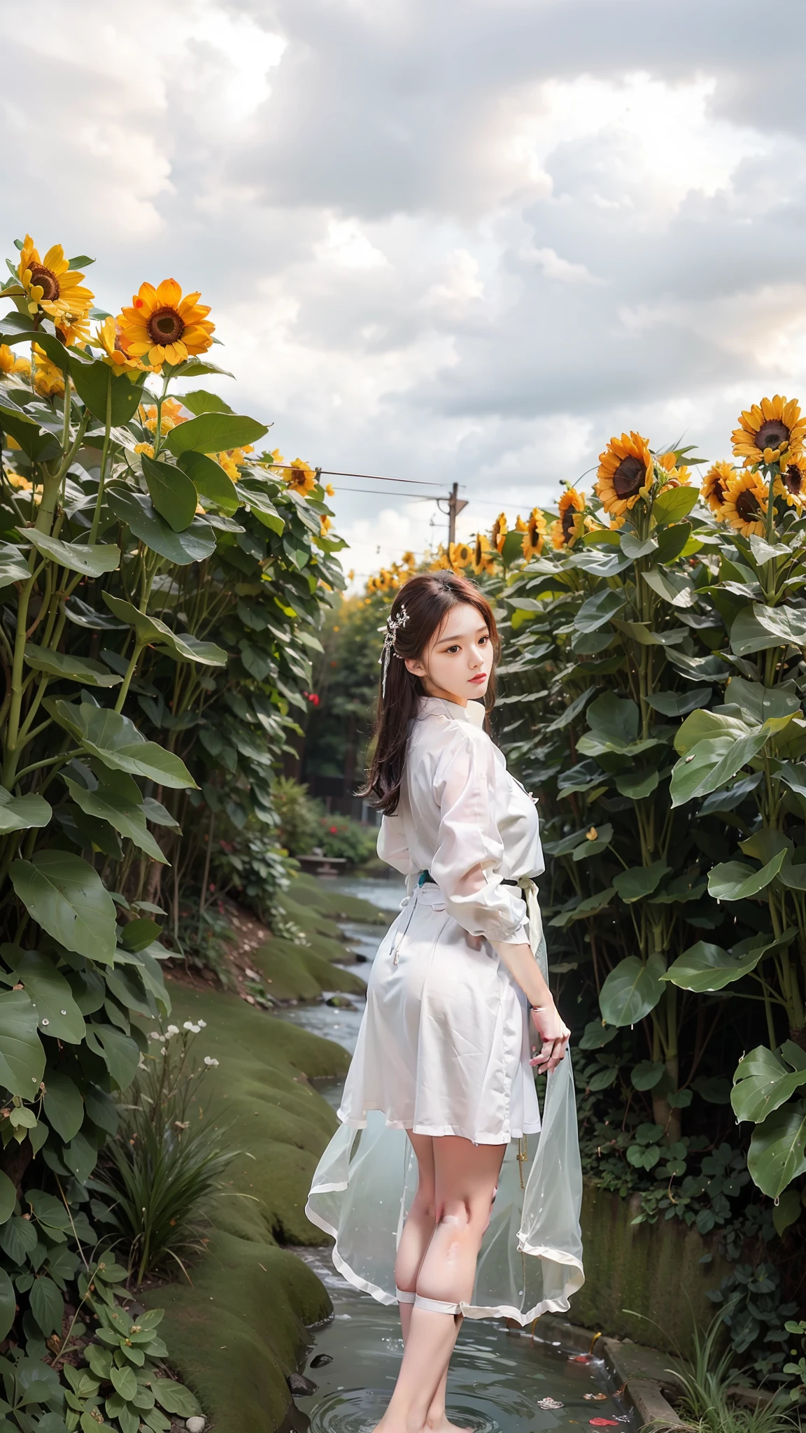 1girl, solo, brunette hair, (blood volume: 1), , full body, (realism: 1.4), official art, unreal 8k wallpaper, super detailed, beautiful aesthetics, masterpiece, best quality, (dynamic angle: 1.4), elegant, bright colors, romantic, sexy, transparent, see-through, Chinese Hanfu, bare breast, (transparent skirt), barefoot, (wet), (see-through), (big breasts, cleavage), (massage stick in hand), seduction, (open legs), pubic hair