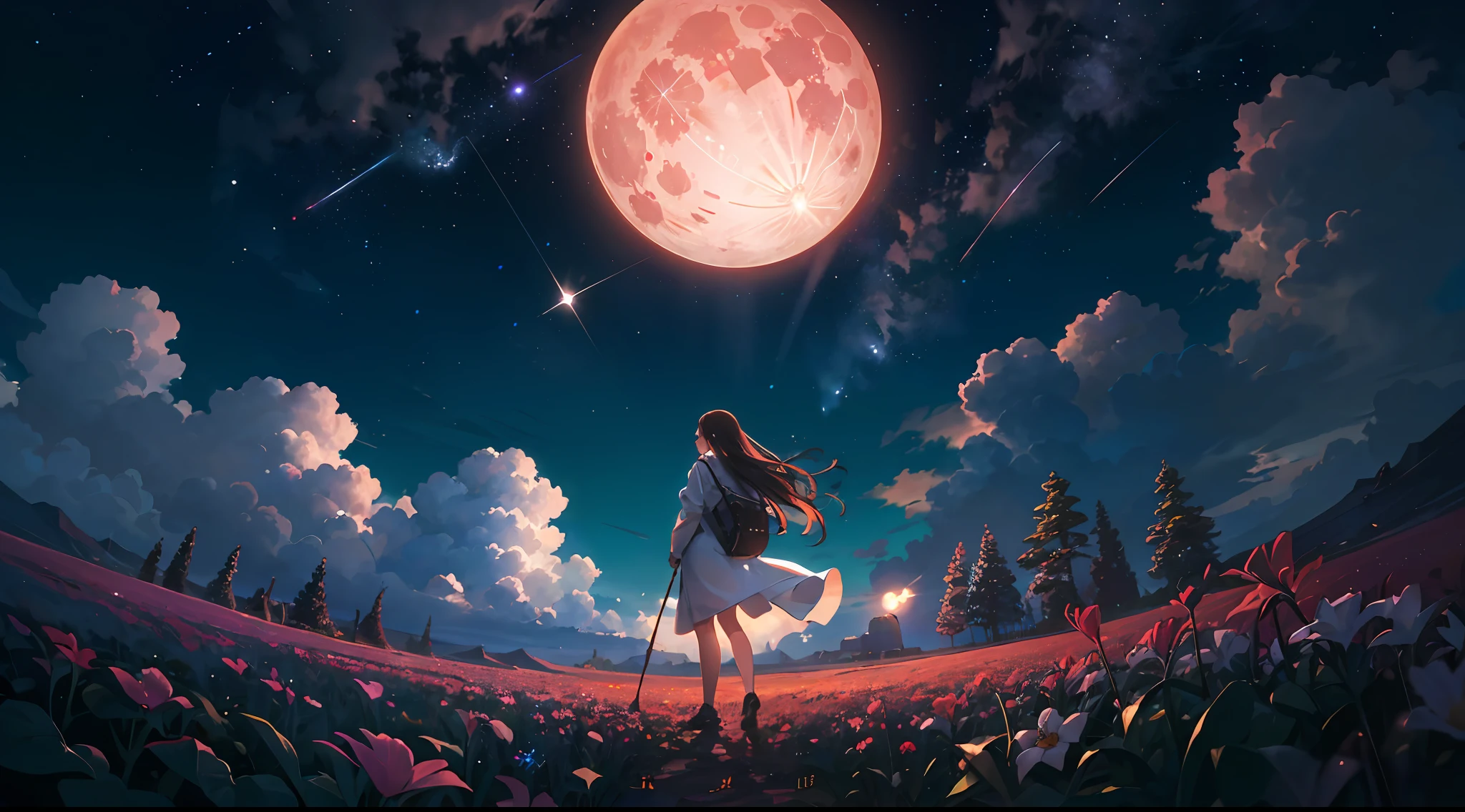 ((Best Quality)), ((Masterpiece)), Vast Landscape Photo, (From below, the sky above and the open field below), a girl standing on a flower field looking up, (Full Moon: 1.2), (Meteor: 0.9), (Nebula: 1.3), Far Mountains, Trees BREAK Making Art, (Warm Light Source: 1.2), (Firefly: 1.2), Lamps, Lots of Purple and Orange, Intricate Detailing, Volumetric Lighting, Realism BREAK (Masterpiece: 1.2), (Best Quality), 4K, Ultra-Detailed, (Dynamic Composition: 1.4), Very Detailed, Rich in Detail, (Iridescent: 1.2), (Glow, Atmospheric Illumination), Dreamy, Magical, (Solo: 1.2), Depth of Field, Maximum Sharpness and Clarity, Perfect Proportions, 8K RAW