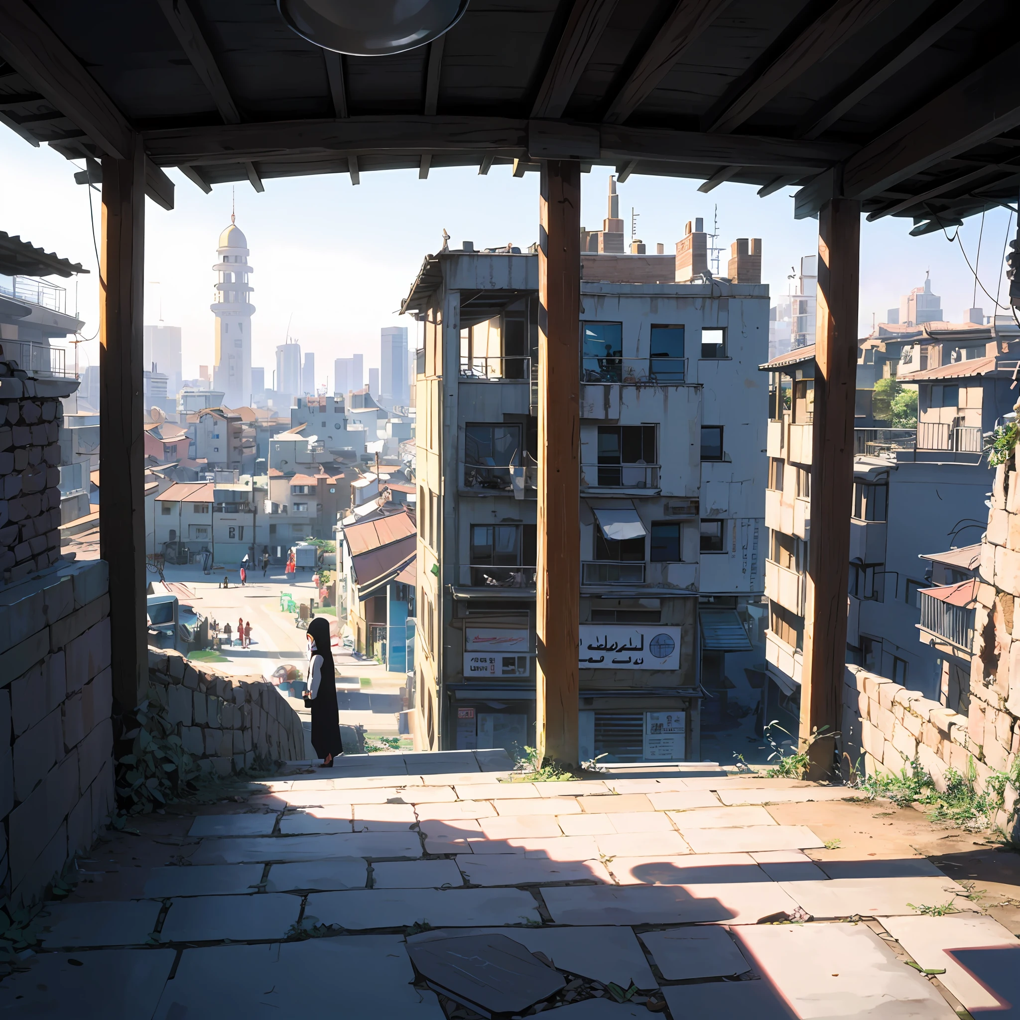 Dystopia, shadow of a little girl in the back of the center, light of hope, girl from the future lost in the world of ancient Islam, complex cityscape, devastated world, wide-angle lens, pulling composition --auto