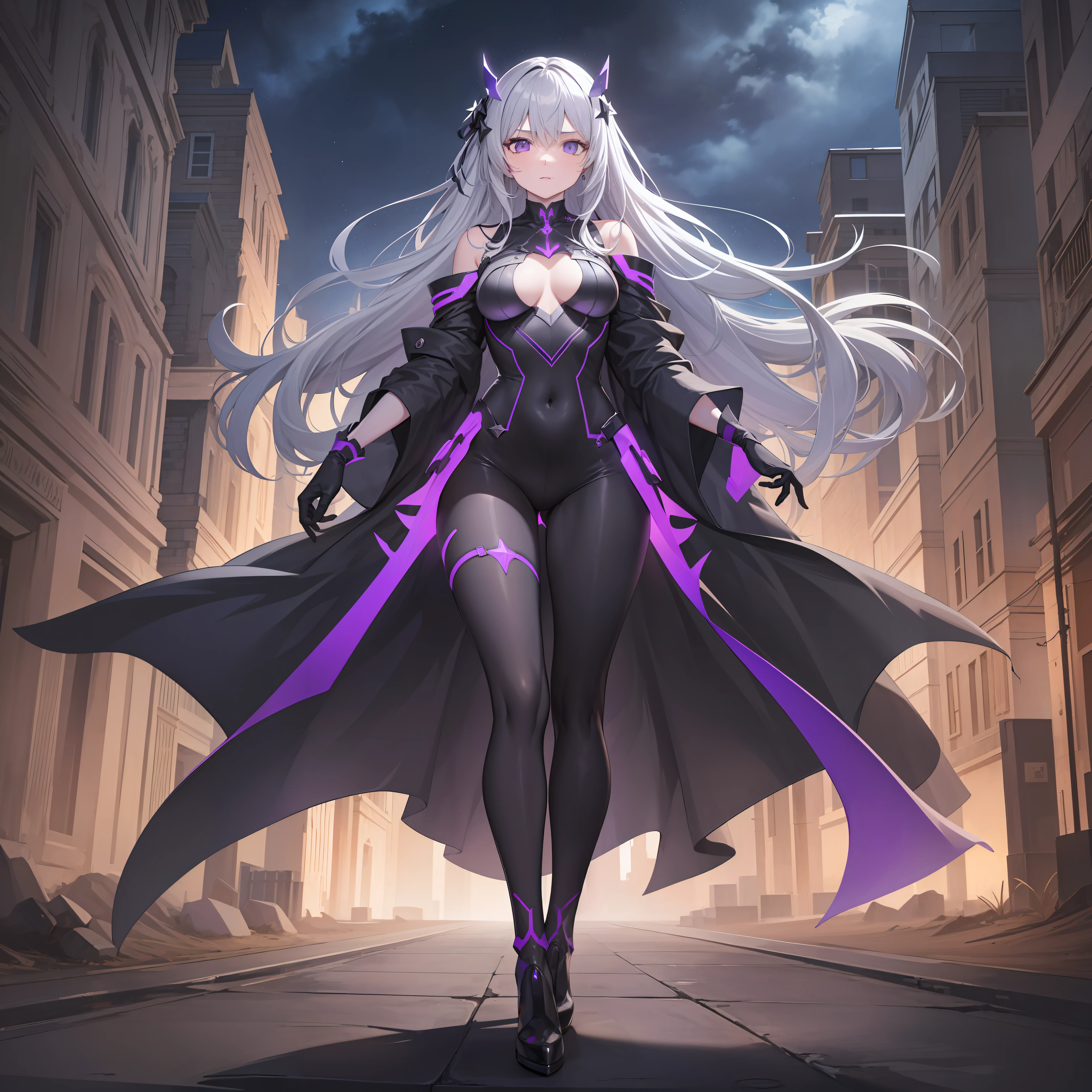 Age 30 years woman, Long gray hair with star Clip, bodysuit Merged with robes with glow Motive Dark black purple, high heels, Third person view, looking at the viewer, best quality, masterpiece, HD, Full Body, Night sky, variation angle, Serious expression, facing Side, red eyes