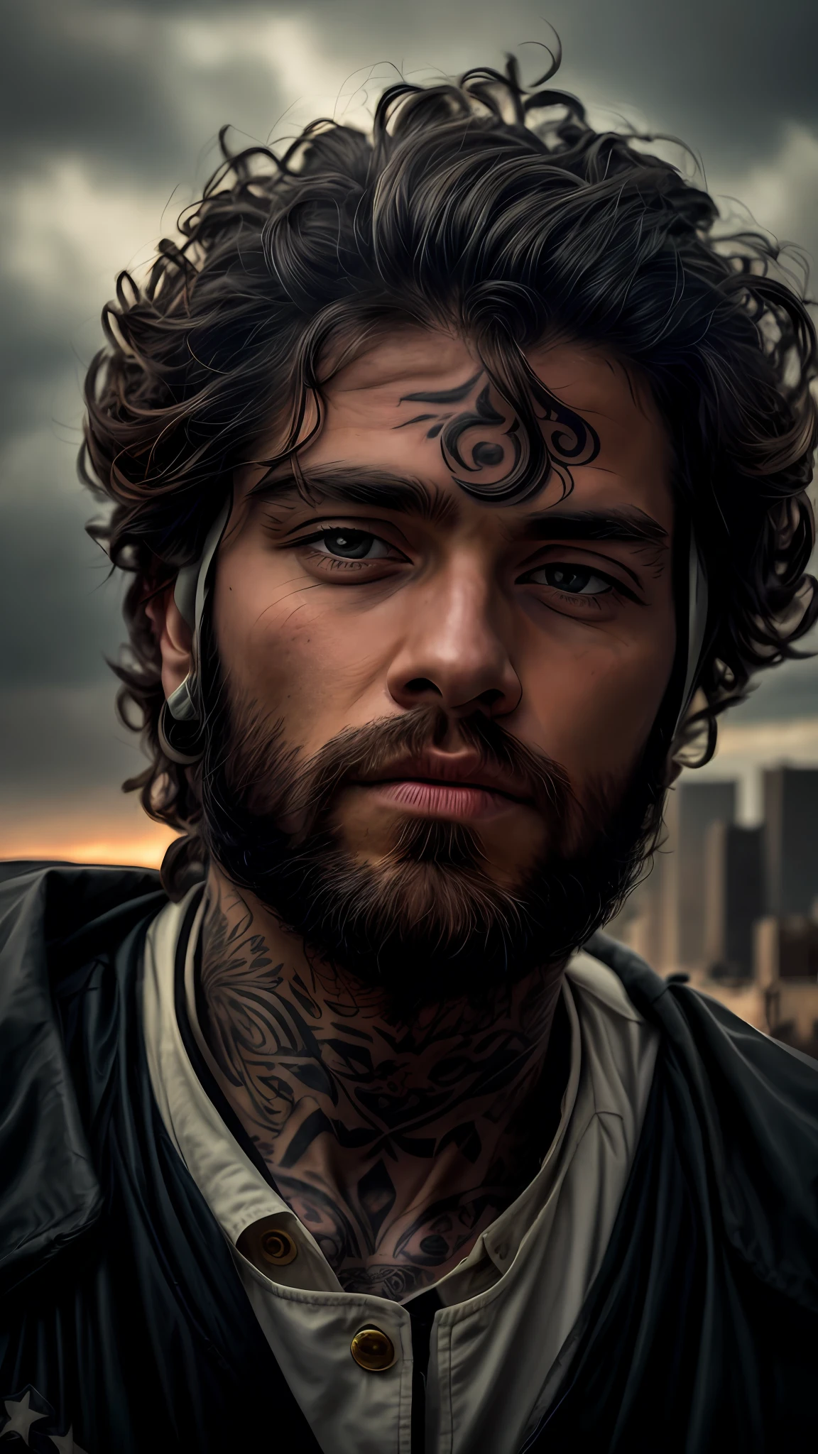 RAW photo, photography, photorealistic, Bold RAW photo of a man in ancient armor , on a city ruins. he has an intense look, detailed skin, (with highly detailed tattoos:1.1), finely eyes. The shot is taken on a professional camera with a shallow depth of field, creating a natural and raw feel. The lighting is soft and adds to the mysterious atmosphere of the scene. The image is highly detailed, cinematic