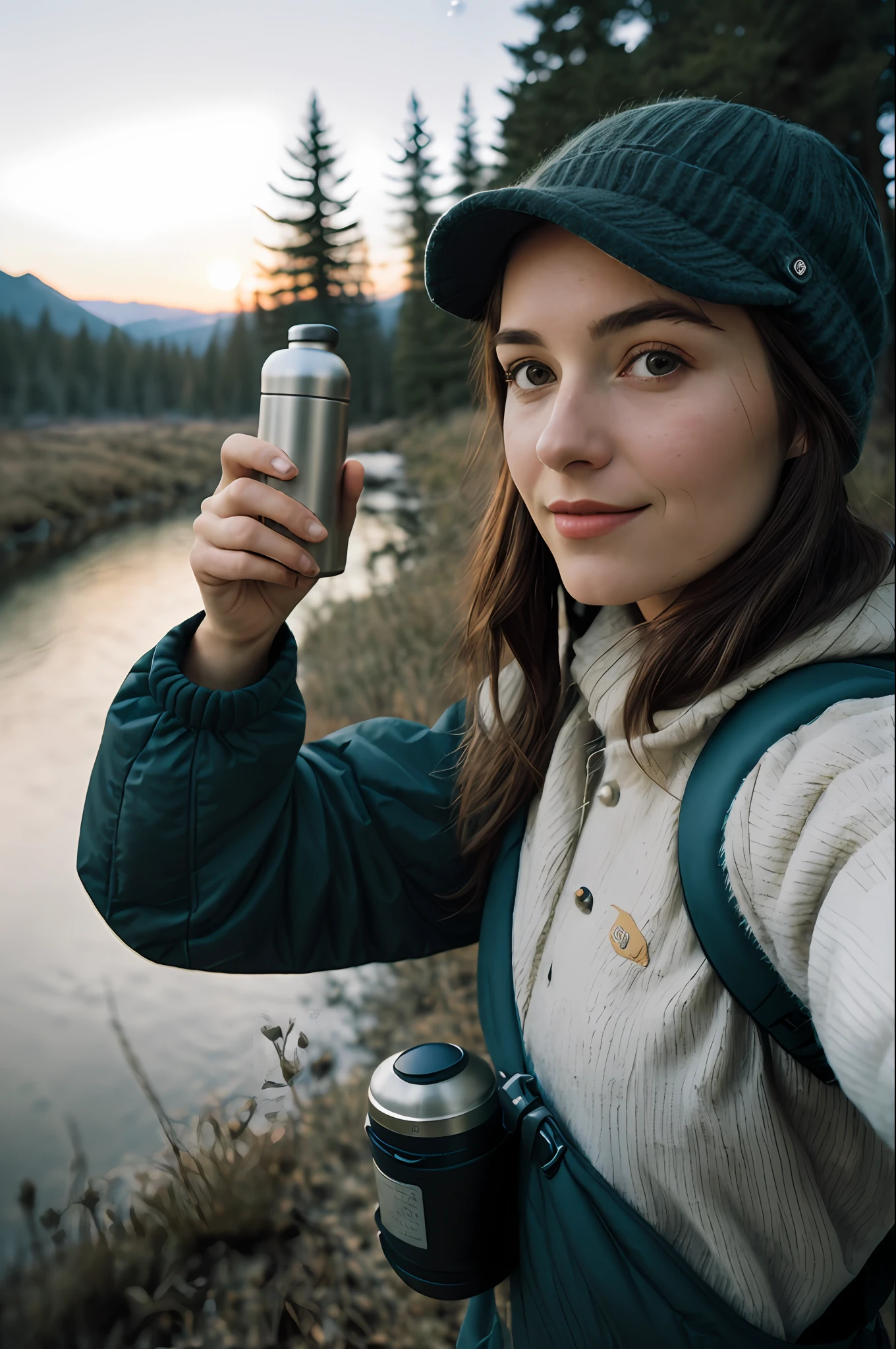 1 woman((upper body selfie, happy)), masterpiece, best quality, ultra-detailed,  solo, outdoors, (night), mountains, nature, (stars, moon)   cheerful, happy, backpack, sleeping bag, camping stove, water bottle, mountain boots, gloves, sweater, hat, flashlight, forest, rocks, river, wood, smoke, shadows, contrast, clear sky,
analog style (look at viewer:1.2)  (skin texture)
(film grain:1.3), (warm hue, warm tone)