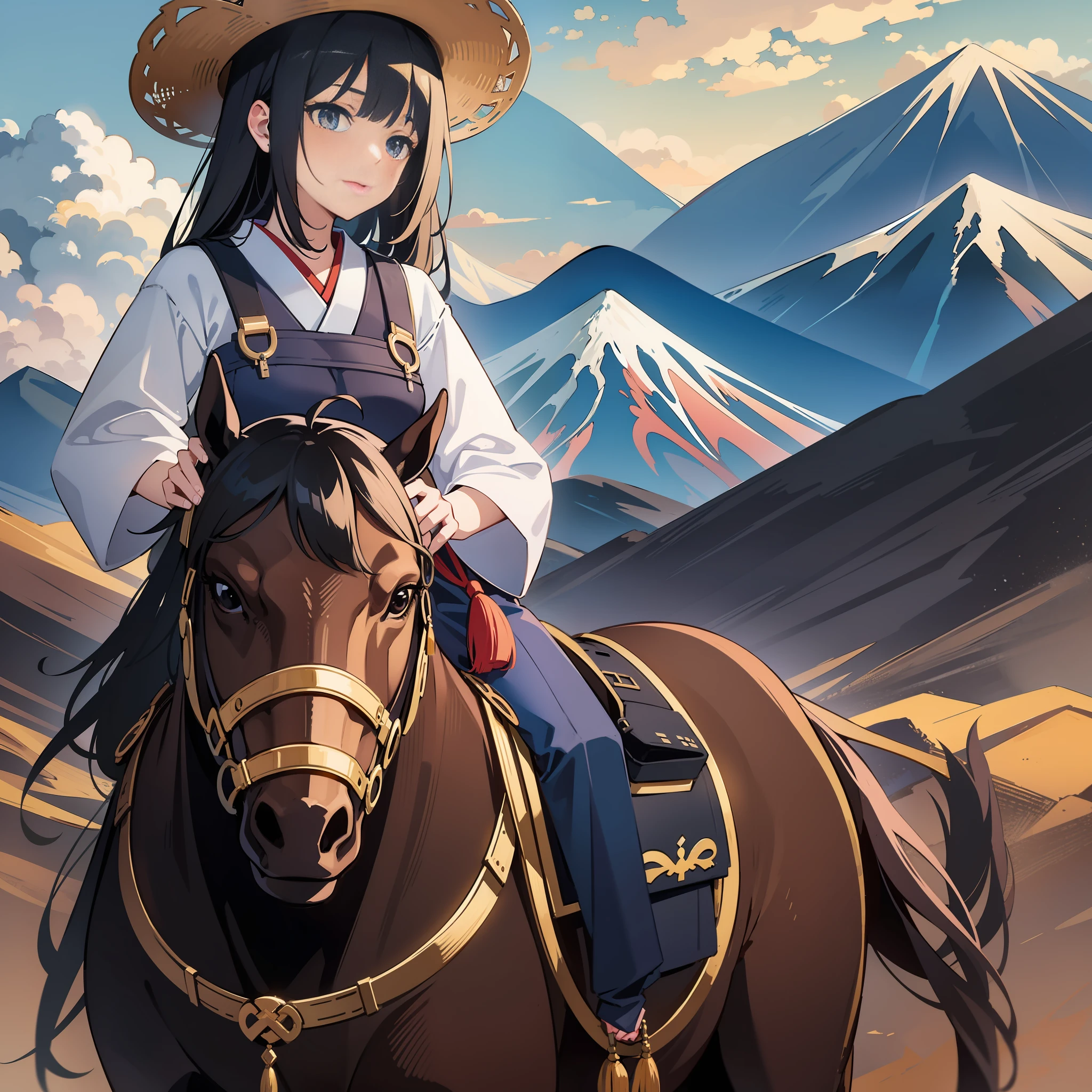 Horse, Japanese Clothes, Girl, Black Hair, Mountains