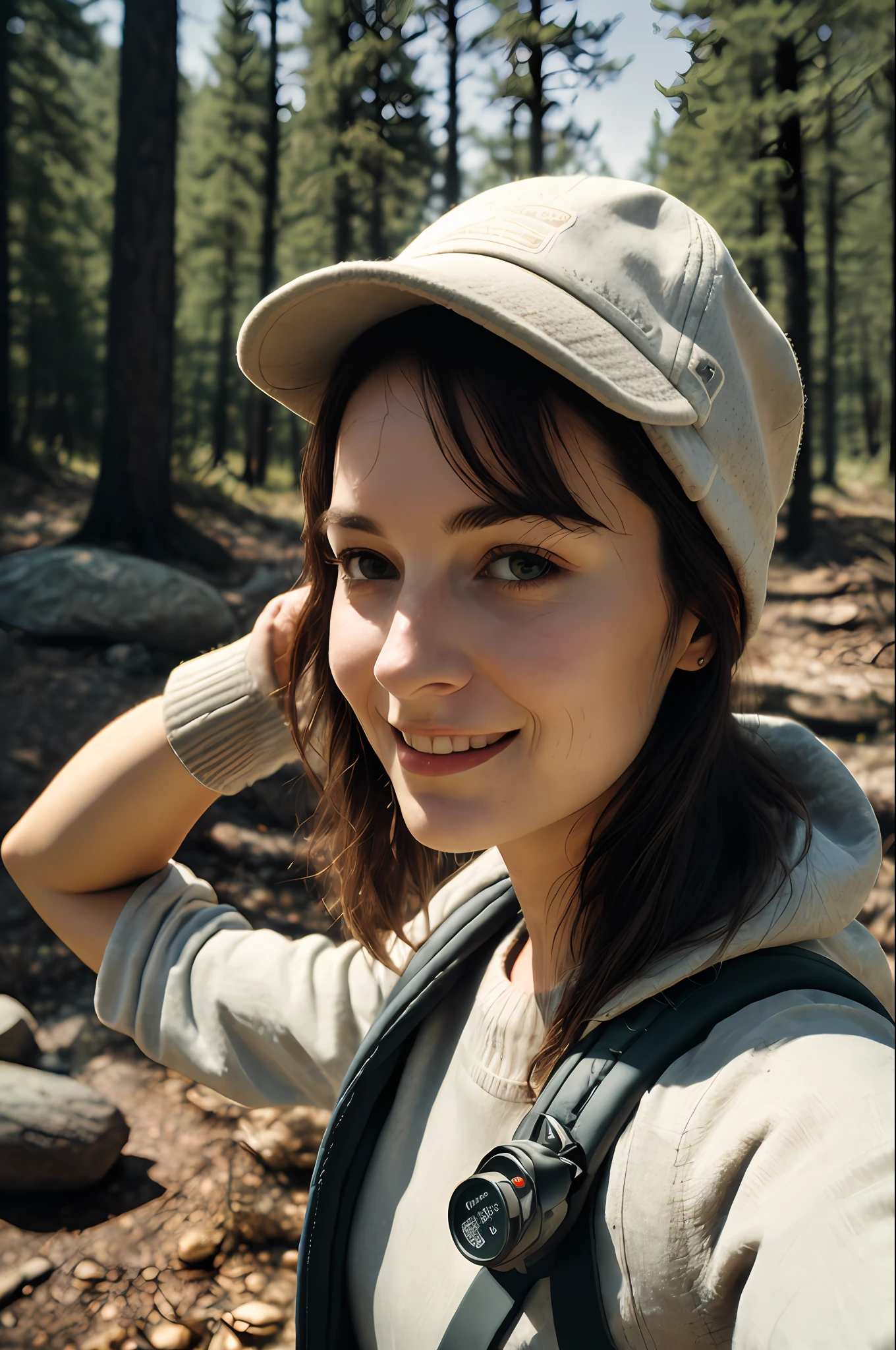 1 woman((upper body selfie, happy)), masterpiece, best quality, ultra-detailed, solo, outdoors, (night), mountains, nature, (stars, moon) cheerful, happy, backpack, sleeping bag, camping stove, water bottle, mountain boots, gloves, sweater, hat, flashlight, forest, rocks, river, wood, smoke, shadows, contrast, clear sky,
analog style (look at viewer:1.2) (skin texture)
(film grain:1.3), (warm hue, warm tone)