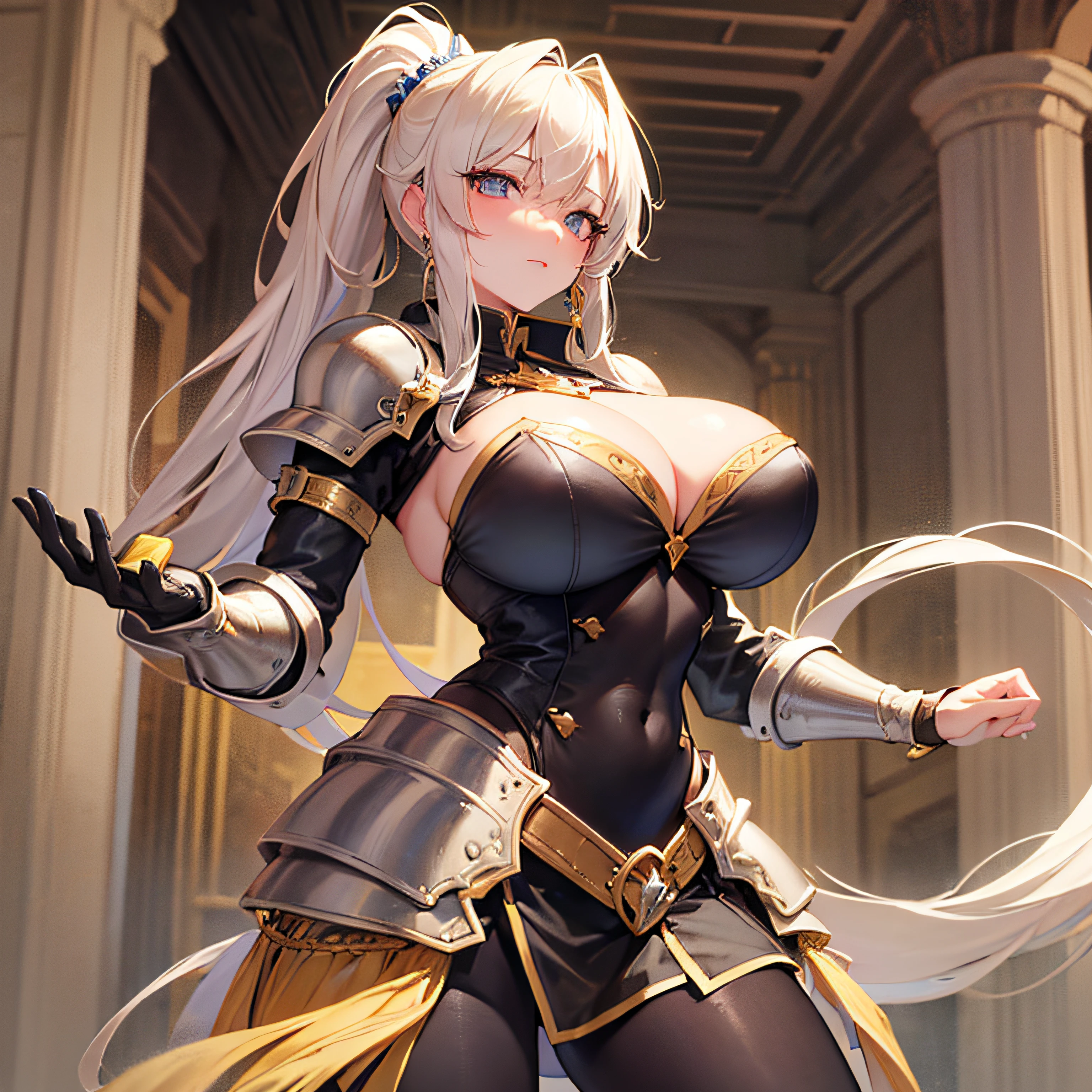 Peerless beauty, perfect slim body, mature royal sister face, double ponytail curls, knightly armor, sexy and seductive, beautiful face, full body portrait, standing pose, 4K picture quality, feminine expression, blush shyness, star-like deep eyes, huge breasts, short skirt, sword and magic. The bust is greatly large, fighting with Warcraft, speed lines, the best quality, masterpieces.