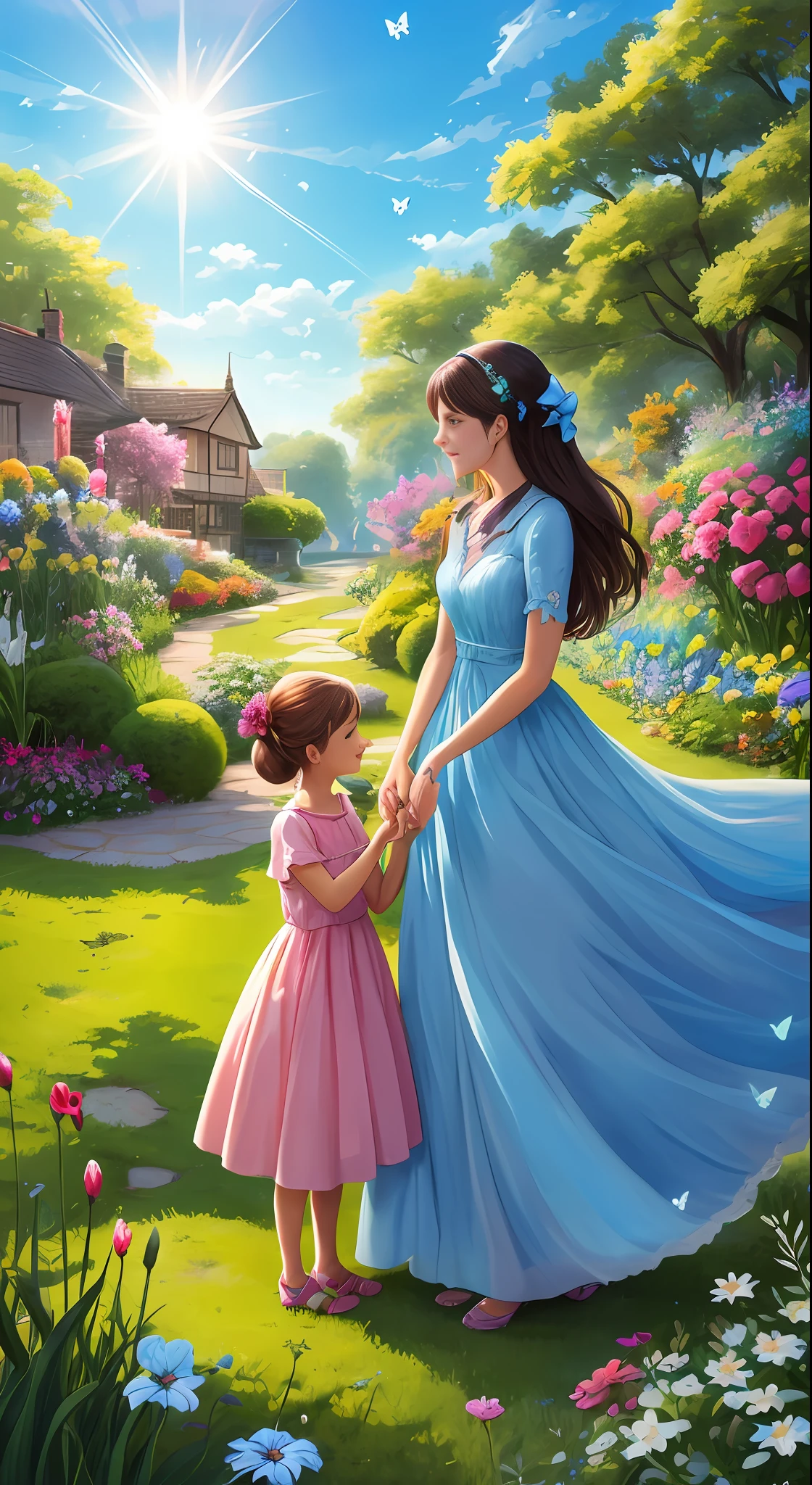One day, while Cybele and Belinda 2 sisters of > in the garden, something magical happened. They found a special erfly, with bright wings and a unique pattern that seemed to reflect sunlight. It was a lovely butty, unlike any other. Cybele and Belinda called her Estrelita. Illustration of "happy" in a flower garden. Blue sky of garden cui clouds with butterfl Beautiful illustration, beautiful painting, beautiful UHD 4k art, beautiful art, a beautiful art illustration, guweiz style art, beautiful painting, atey ghailan 8k, artgerm and atey ghailan, butterflies,tterflies). (bquality, masterpiece), particle, wind, flower, full body, decent long dress, 2 discreet girls, garden background, looking at butterflies. --auto