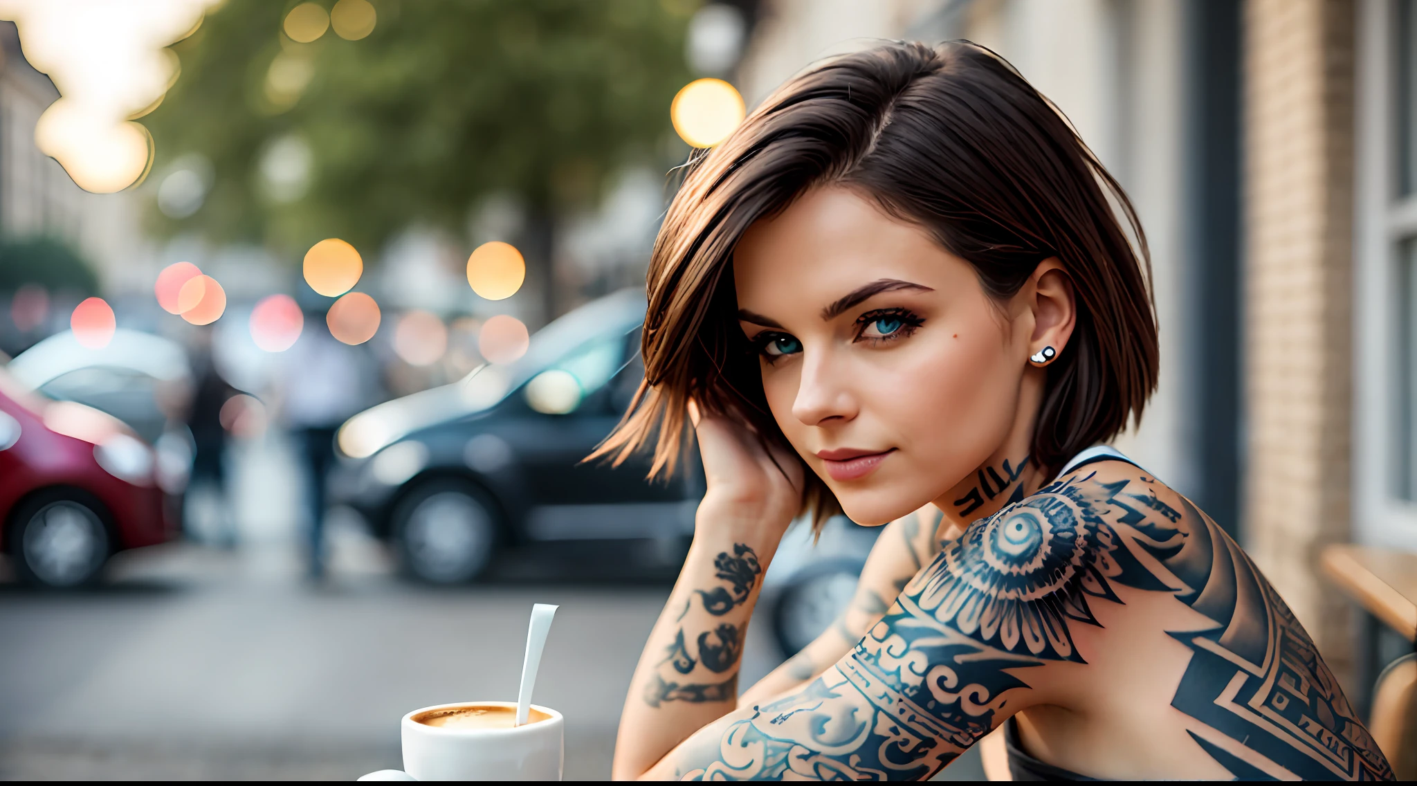 Gorgeous French female having coffee outside on the side of the street at a little cafe, beautiful face, short black hair with blue eyes and heavy eye shadow, European downtown city, blurred background, shallow depth of field, cinematic light, soft light, backlit, micro-details, photorealism, photorealistic, cinematic, 85mm 1.4 (tattoos 1.3) black tattoos,