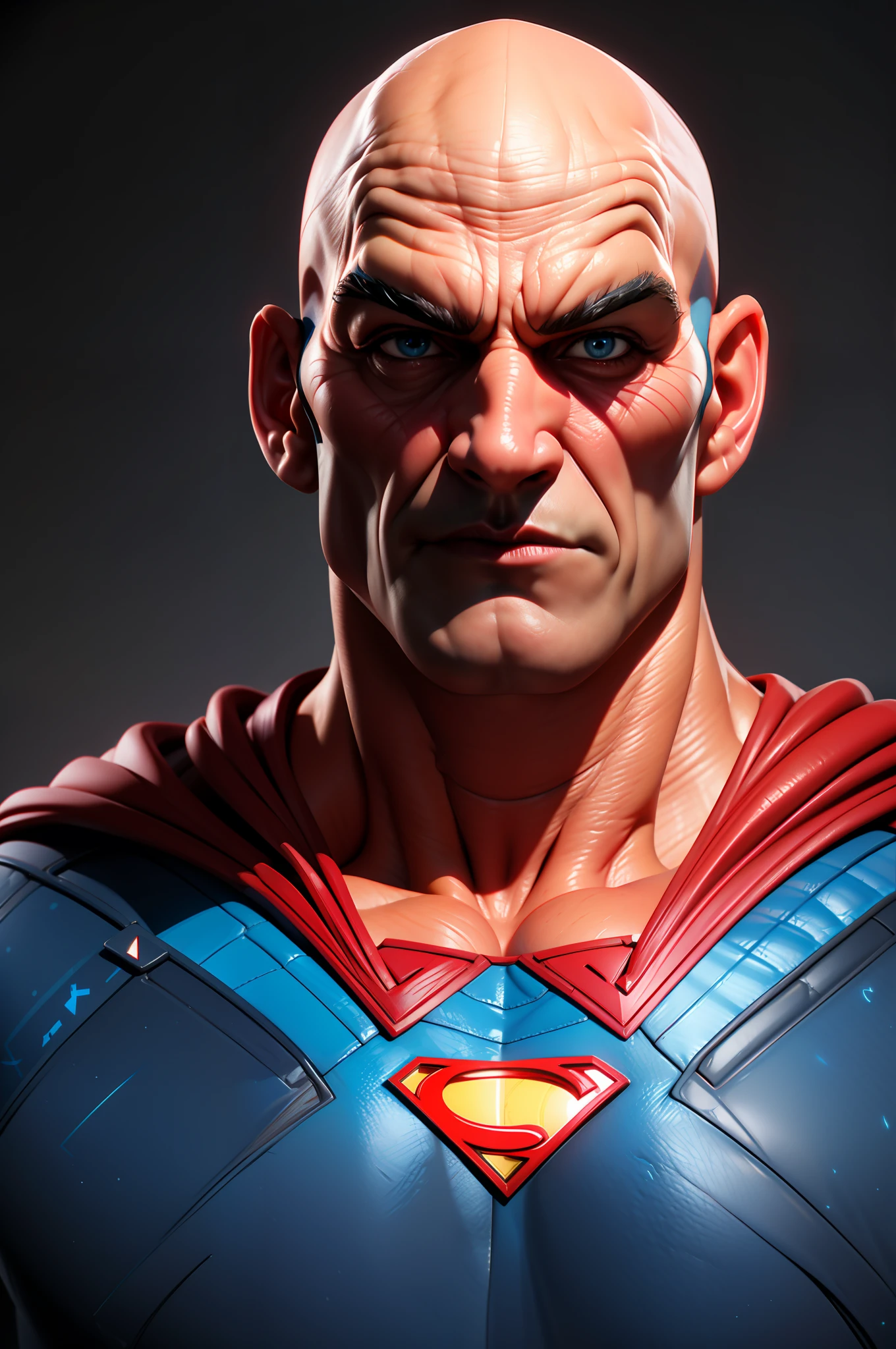 Close-up portrait, ultra realistic bald Superman, perfect hands with four fingers and one thumb, cinematic image, 3D, 8k, imax, 60mm cinematic photography.