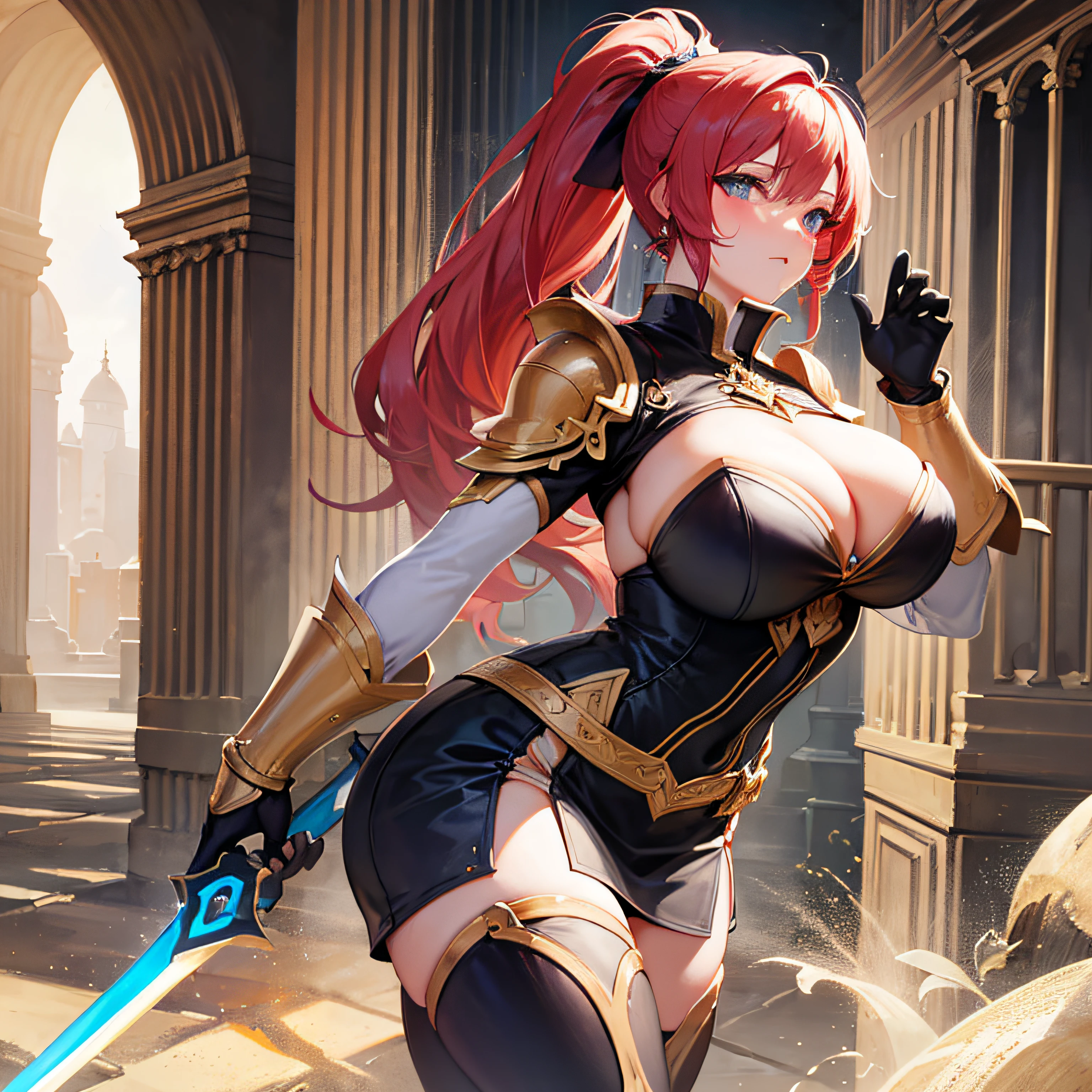 Peerless beauty, perfect slim body, mature royal sister face, double ponytail curls, knightly armor, sexy and seductive, beautiful face, full body portrait, standing pose, 4K picture quality, feminine expression, blush shyness, star-like deep eyes, huge breasts, short skirt, sword and magic. The bust is greatly large, fighting with Warcraft, speed lines, the best quality, masterpieces.