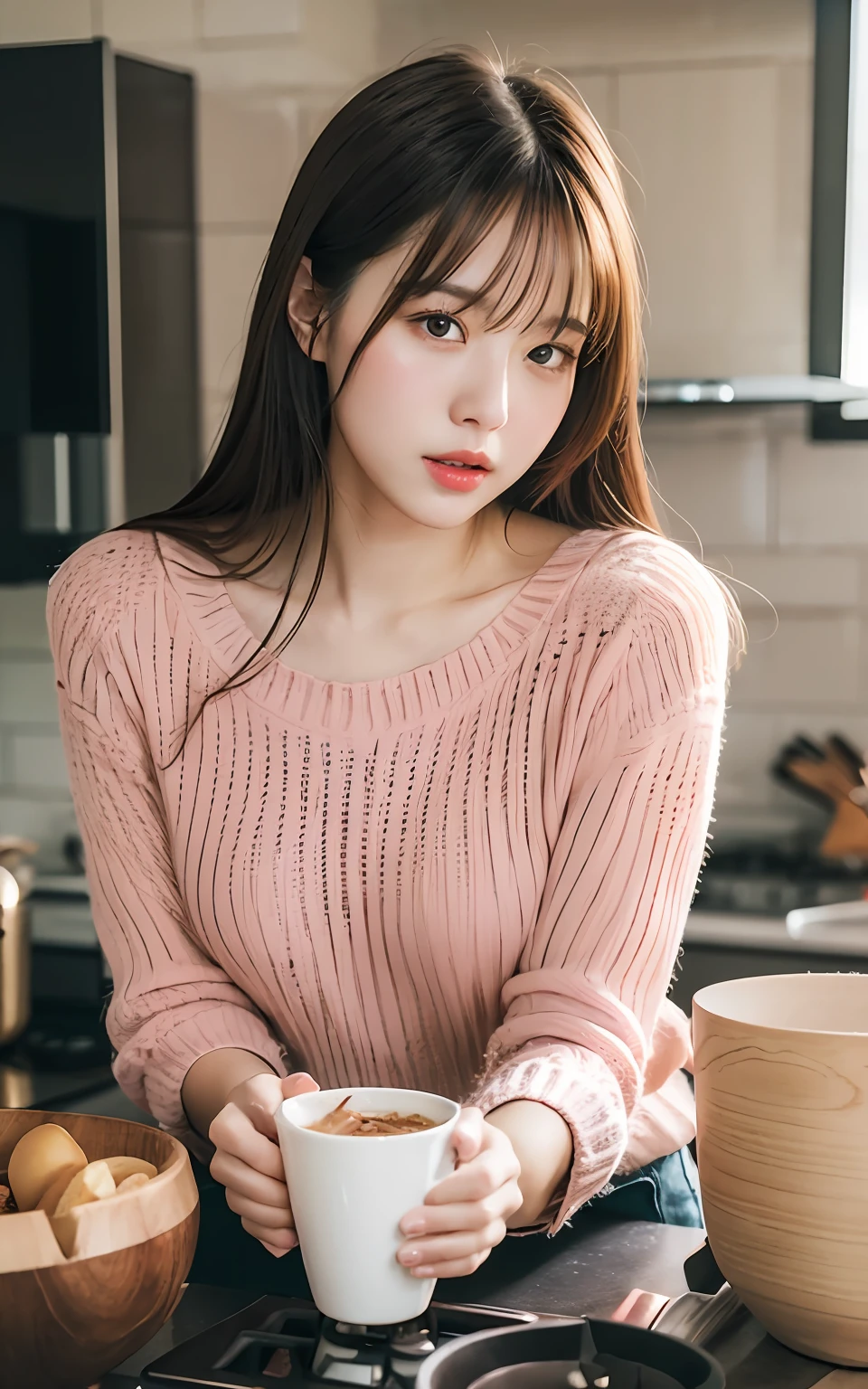 Highly detailed CG Unity 8k wallpaper, top quality, super detailed, masterpiece, realistic, photo realistic, very detailed cute girl, 25 years old, blush,, round eyes, medium breasts, looking viewer, half body shot , sweater , eating, kitchen