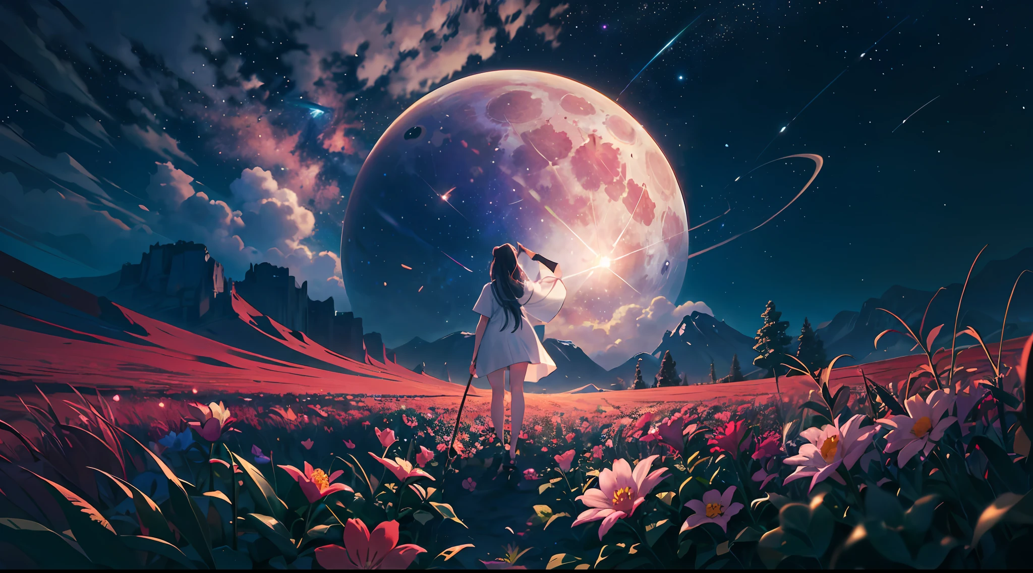 ((Best Quality)), ((Masterpiece)), Vast Landscape Photo, (From below, the sky above and the open field below), a girl standing on a flower field looking up, (Full Moon: 1.2), (Meteor: 0.9), (Nebula: 1.3), Far Mountains, Trees BREAK Making Art, (Warm Light Source: 1.2), (Firefly: 1.2), Lamps, Lots of Purple and Orange, Intricate Detailing, Volumetric Lighting, Realism BREAK (Masterpiece: 1.2), (Best Quality), 4K, Ultra-Detailed, (Dynamic Composition: 1.4), Very Detailed, Rich in Detail, (Iridescent: 1.2), (Glow, Atmospheric Illumination), Dreamy, Magical, (Solo: 1.2), Depth of Field, Maximum Sharpness and Clarity, Perfect Proportions, 8K RAW