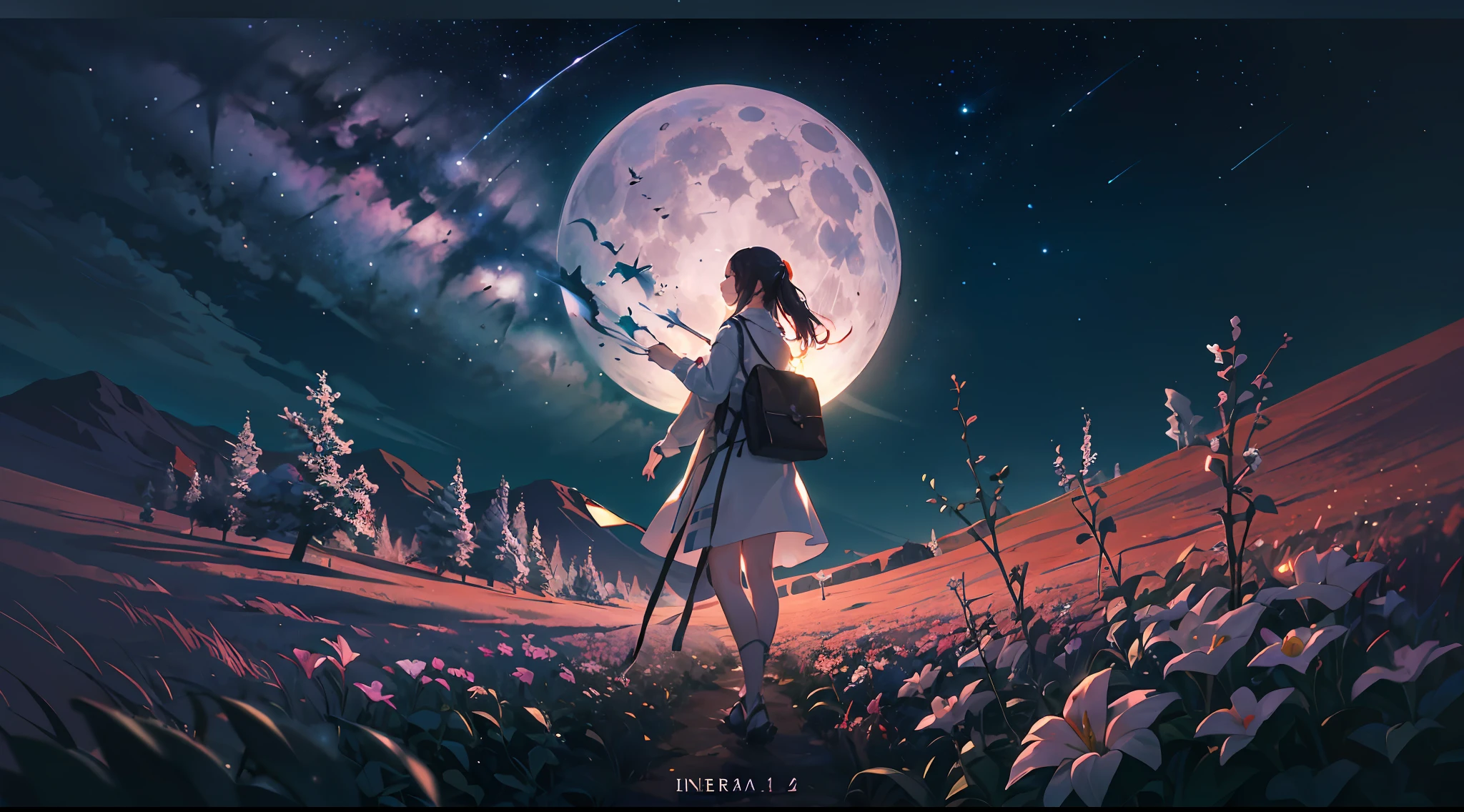 ((Best Quality)), ((Masterpiece)), Vast Landscape Photo, (From below, the sky above and the open field below), a girl standing on a flower field looking up, (Full Moon: 1.2), (Meteor: 0.9), (Nebula: 1.3), Far Mountains, Trees BREAK Making Art, (Warm Light Source: 1.2), (Firefly: 1.2), Lamps, Lots of Purple and Orange, Intricate Detailing, Volumetric Lighting, Realism BREAK (Masterpiece: 1.2), (Best Quality), 4K, Ultra-Detailed, (Dynamic Composition: 1.4), Very Detailed, Rich in Detail, (Iridescent: 1.2), (Glow, Atmospheric Illumination), Dreamy, Magical, (Solo: 1.2), Depth of Field, Maximum Sharpness and Clarity, Perfect Proportions, 8K RAW