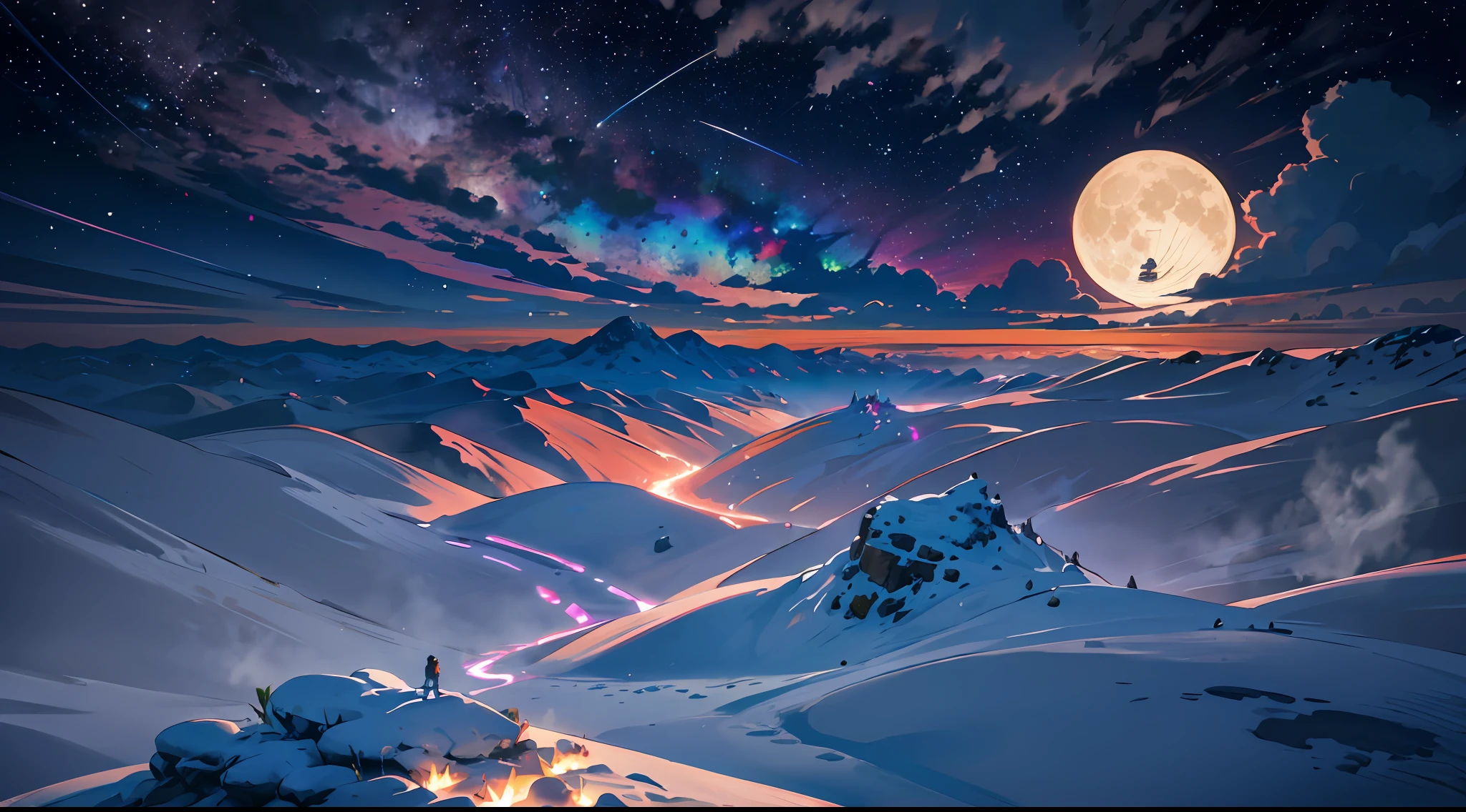 ((Best Quality)), ((Masterpiece)), Vast Landscape Photo, (From below, Sky above, Open Field Below), Back of a Maiden with a Sword in Hand, (Full Moon: 1.2), (Meteor: 0.9), (Nebula: 1.3), Distant Mountains, Trees BREAK Making Art, (Warm Light Source: 1.2), (Firefly: 1.2), Lamps, Lots of Purple and Orange, Intricate Detailing, Volumetric Lighting, Realism BREAK (Masterpiece: 1.2), (Best Quality), 4K, Ultra-Detailed, (Dynamic Composition: 1.4), Very Detailed, Rich in Detail, (Iridescent: 1.2), (Glow, Atmospheric Illumination), Dreamy, Magical, (Solo: 1.2), Depth of Field, Maximum Sharpness and Clarity, Perfect Proportions, 8K RAW