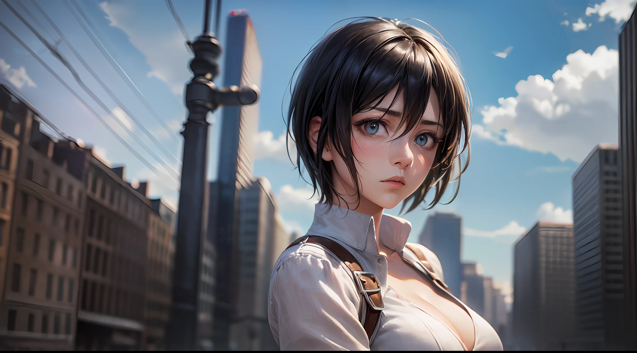 (Attack on Titan, Mikasa Ackerman), brown skin, (((white dress)), (short black hair), young, cute, beautiful girl, perfect style, big, emphasizing cleavage, expressionless, realistic, photoreal, 8k, highly detailed, highest quality, best quality, super high definition, masterpiece, one girl, (background is American Broadway),