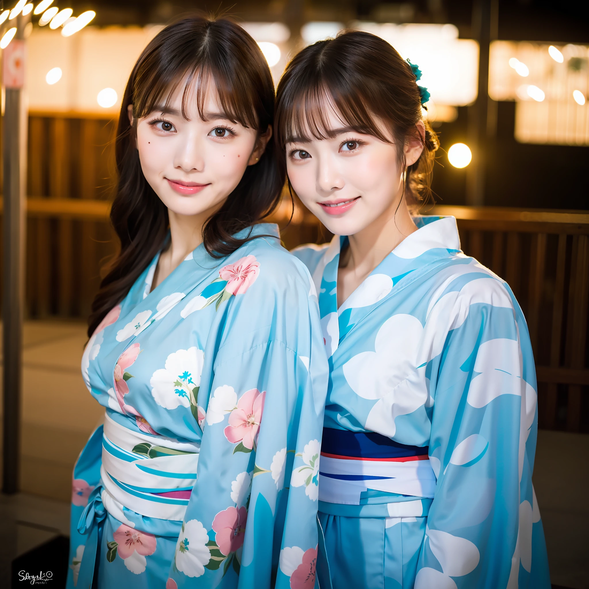 ((Best Masterpiece)), ((High Quality)), ((Real)), ((8k)) Yukata, Japan Yukata, Fireworks Display, Japan, 24 years old, 2 Beauty, Slender, Open chest, Sony SLR photography, 1 Long Hair, 1 Bob Hair, Look at the camera, Stall, Apple candy, Lick, Smile, Night, Background Realistic, Photography, Pink Yukata, Light blue yukata, Moles under eyes, Moles around the mouth