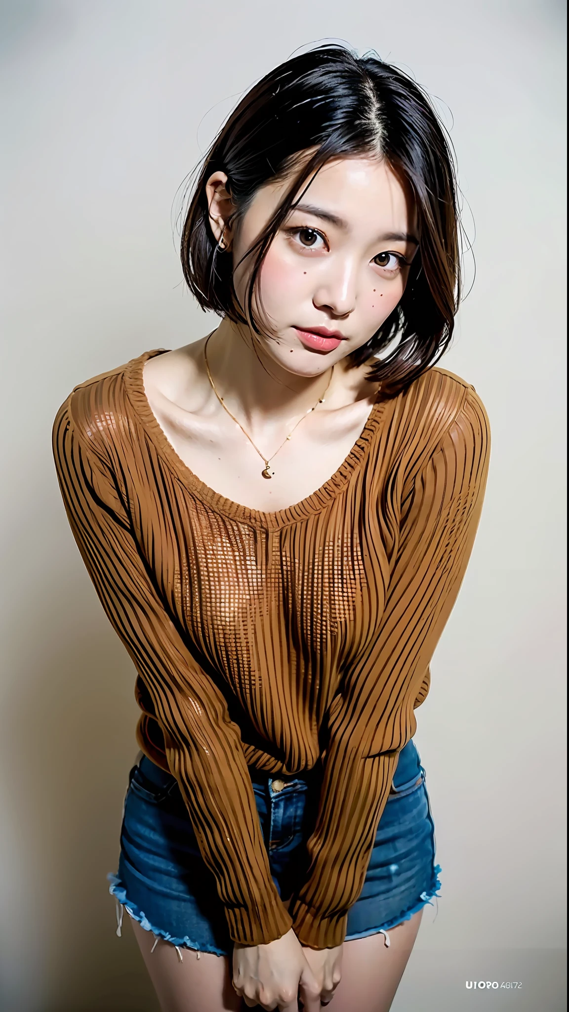 (Best Quality, 8k, 32k, Masterpiece, UHD: 1.2), Cute Japan Woman Pictures, Very Short Bob Hair, Face Focus, (oversized_sweater,:1.1) Necklace, Simple Background, Watch Viewer, Leaning Forward, Full Body