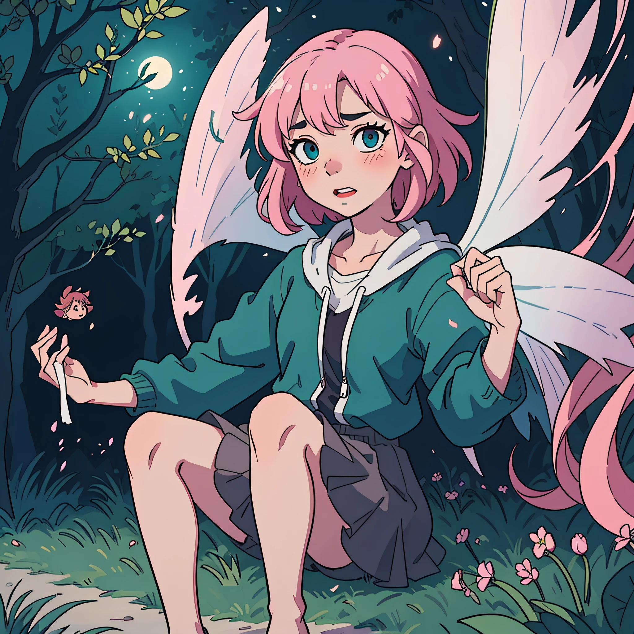 fairy in bright forest, attractive style, dynamic light and shadow, short pink hair, disheveled clothes, clean nosed face, teasing lips, blurred background, blush, teasing face, glowing eyes, full body shot, dark night, Makoto Shinkai and Ghibli studio, soft lighting, high detail, incredible quality, trending at art station, masterpiece, 8K