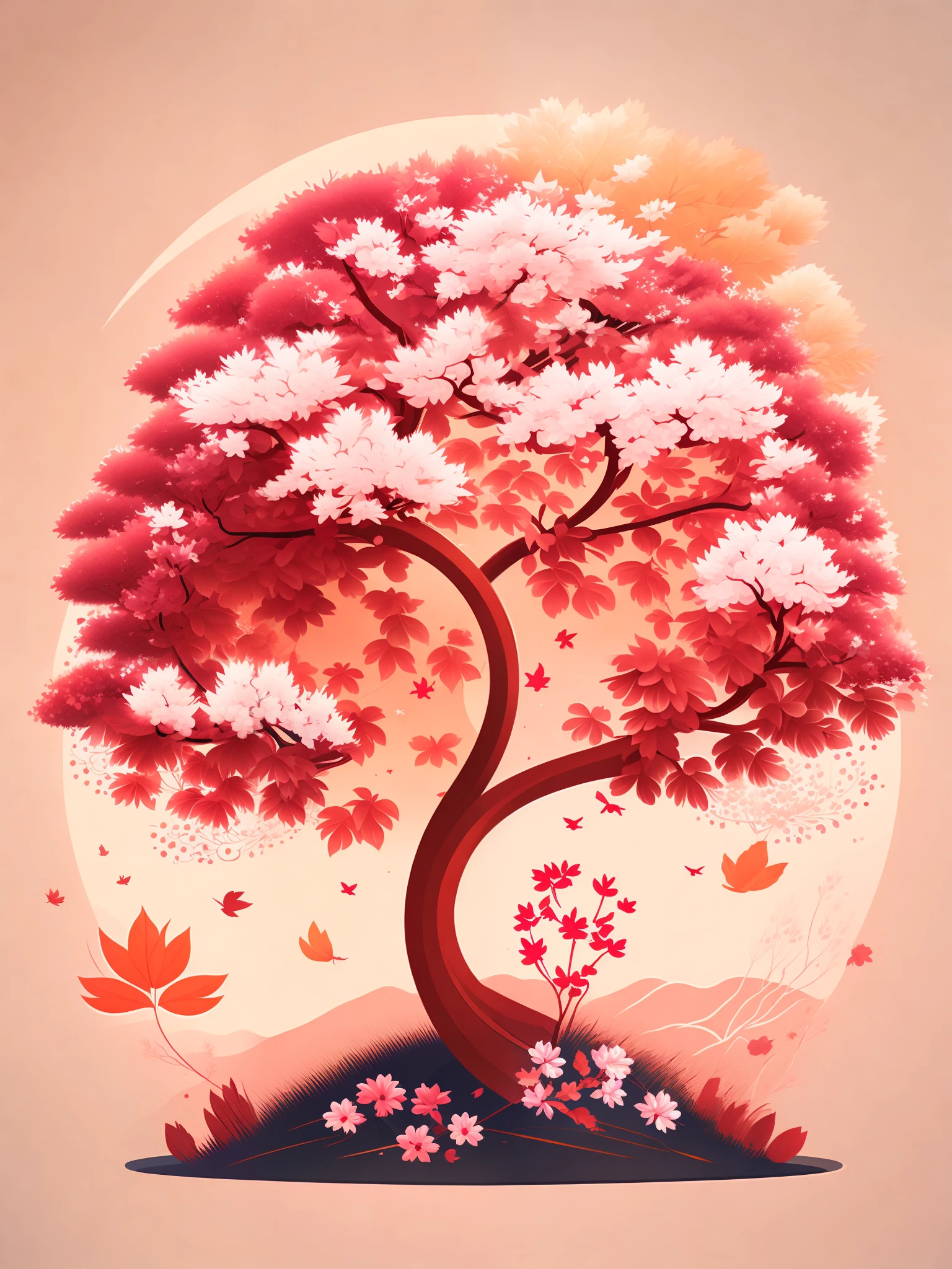 a sakura tree in an autumn landscape with flowers, t-shirt design vector art