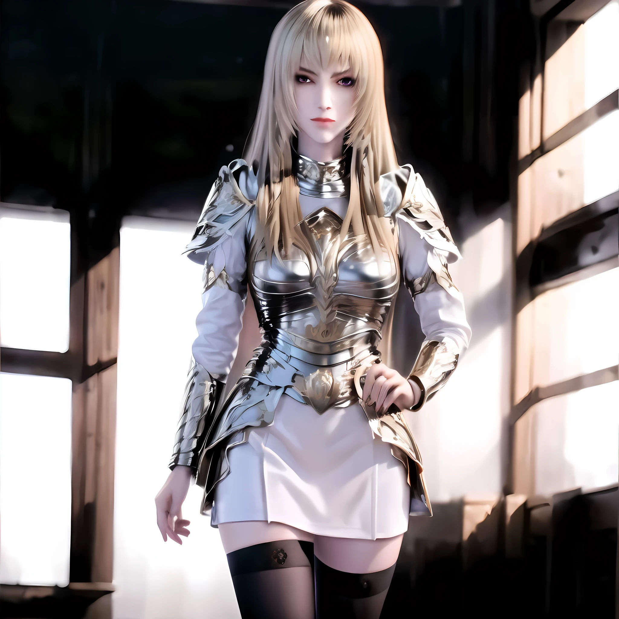 blond haired woman in silver dress and black stockings posing for a picture, armor girl, dressed in light armor, of a beautiful female knight, beautiful female knight, gorgeous female paladin, inspired by Li Chevalier, girl in knight armor, lineage 2 revolution style, with a light leather armor, light gold armor, female knight, stunning armor, beautiful armor