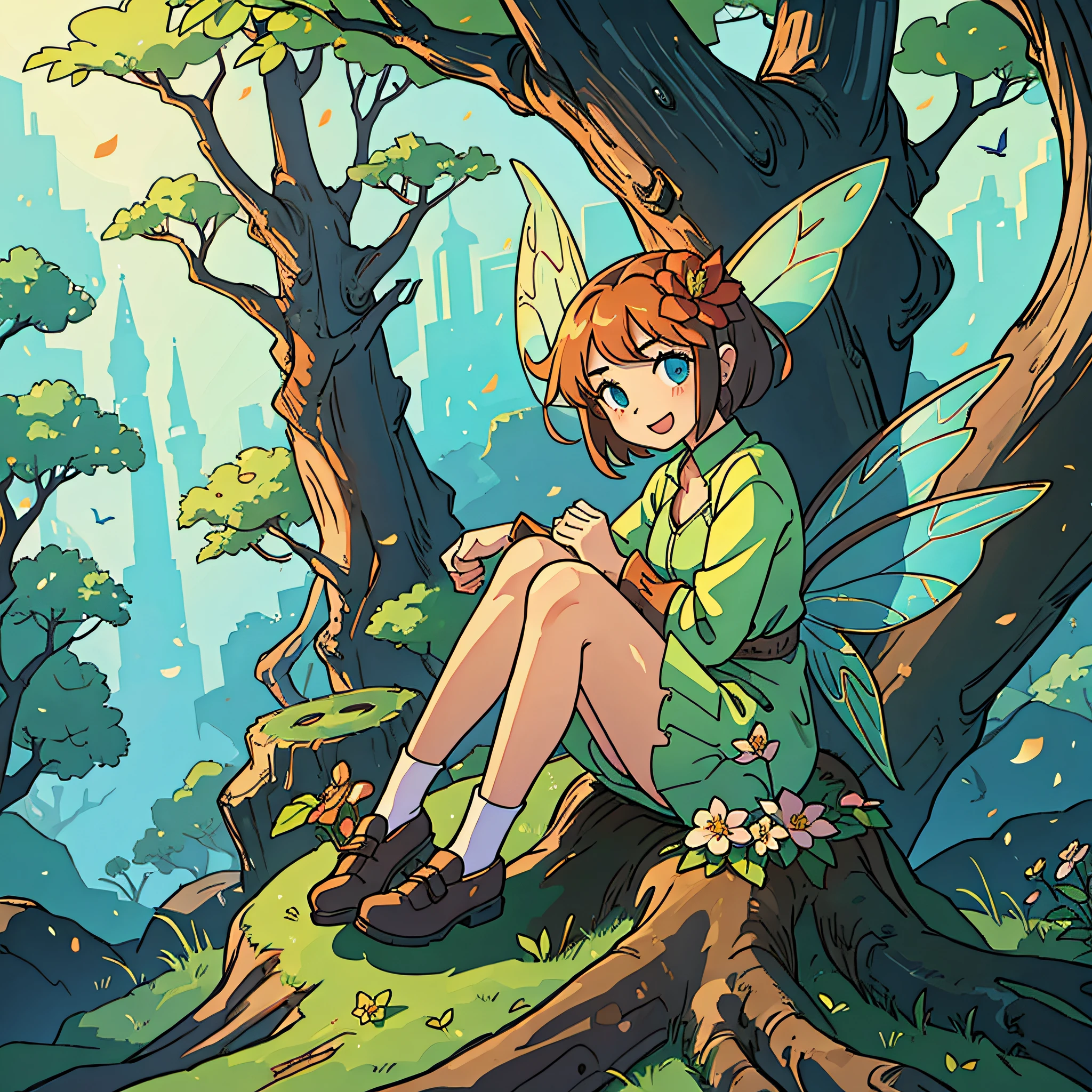 fairy in bright forest, attractive style, dynamic light and shadow, short pink hair, disheveled clothes, clean nosed face, teasing lips, blurred background, blush, teasing face, glowing eyes, full body shot, dark night, Makoto Shinkai and Ghibli studio, soft lighting, high detail, incredible quality, trending at art station, masterpiece, 8K