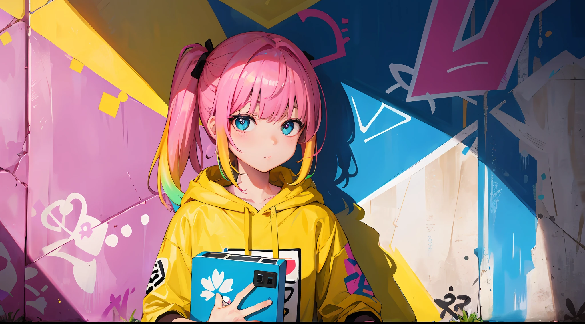 masterpiece, high quality, high resolution, absurd, super fine, 8k, 1girl, pink hair, multicolored hair, gradient hair, looking at the audience, colorful eyes, colorful hoodie, (graffiti mural background wall: 1.15), wonderful painting, bloom, portrait, crosshair ornament, shut up, bag, against the wall, bangs, shadow, reflection, upper body, double ponytail