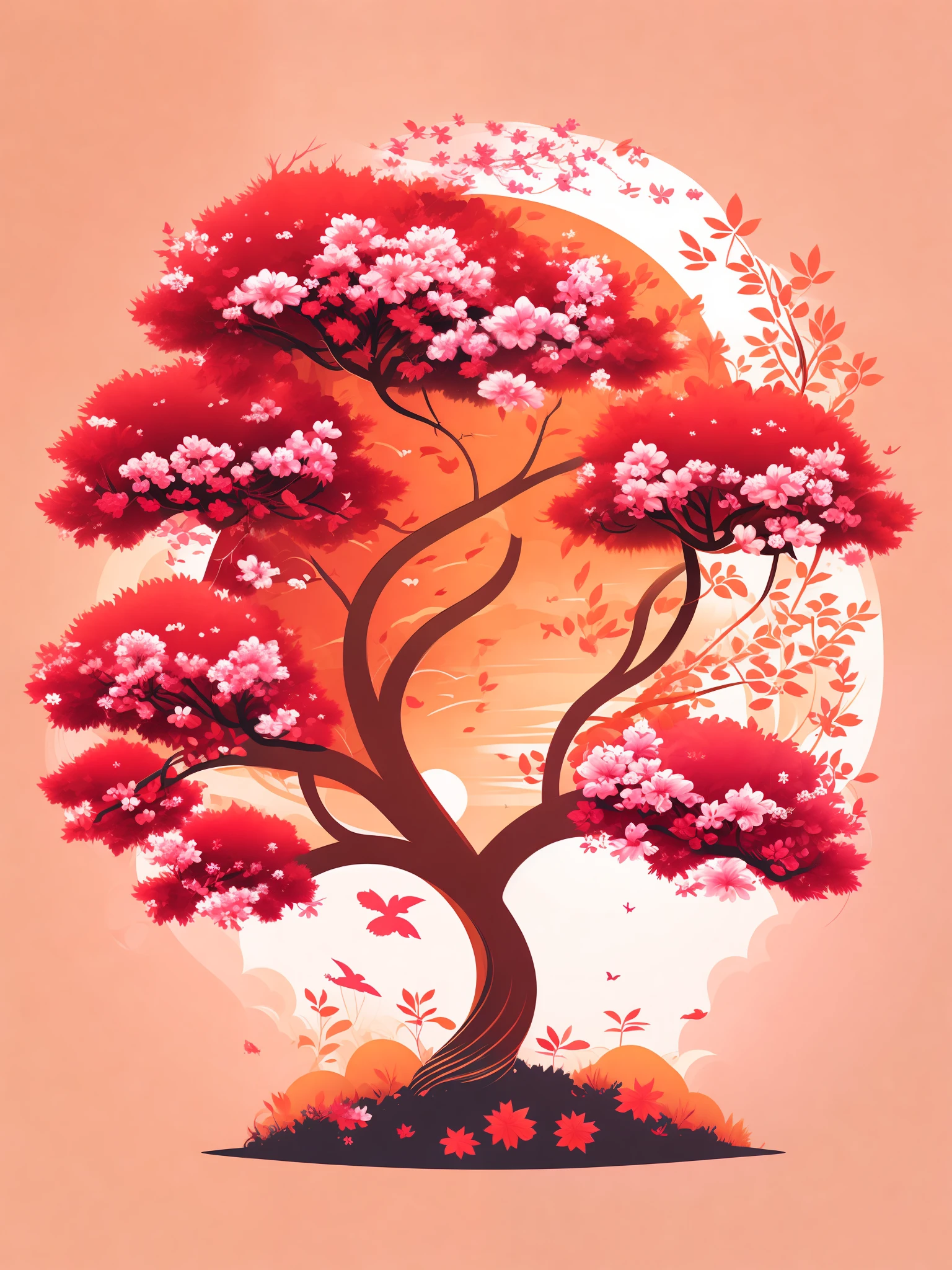 a sakura tree in an autumn landscape with flowers, t-shirt design vector art