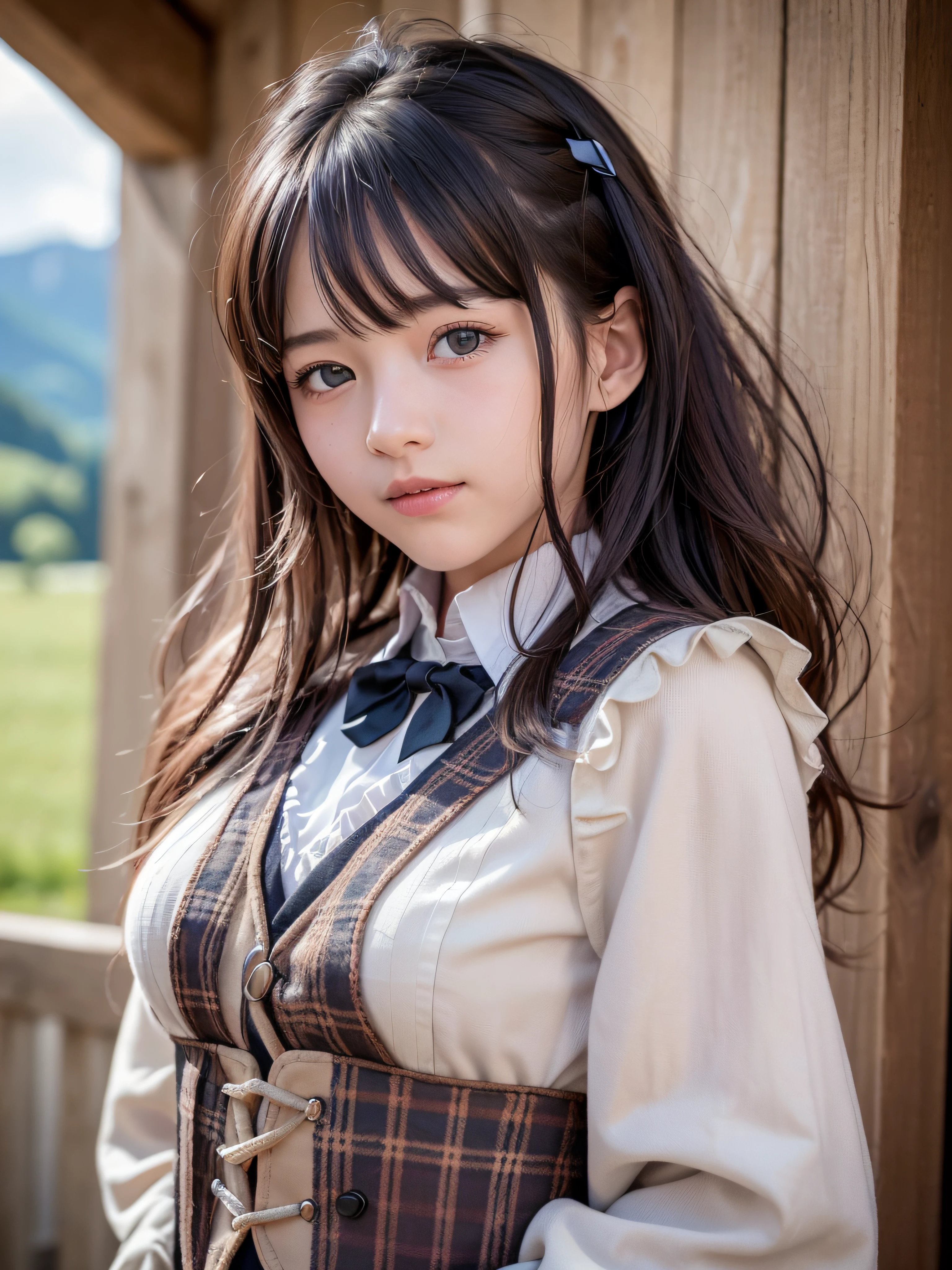 (realistic, photo-realistic:1.37), incredibly absurdres, (insanely detailed:1.3), 8k, (masterpiece), (best quality:1.4), (ultra high res:1.2), (RAW photo:1.2), ultra detailed background, (unity 8k wallpaper), 1 nogizaka girl, utterly cute, (((bishojo:1.35))), (((14yo:1.4))), (chiemsee tracht), an exquisitely detailed and beautiful face and eyes and skin, detailed black shine hair, small-medium breasts, a chiemsee tracht with delicate and beautiful soft fabric, smile at the camera, cowboy shot, the swiss landscape of grindelwald, professional lighting