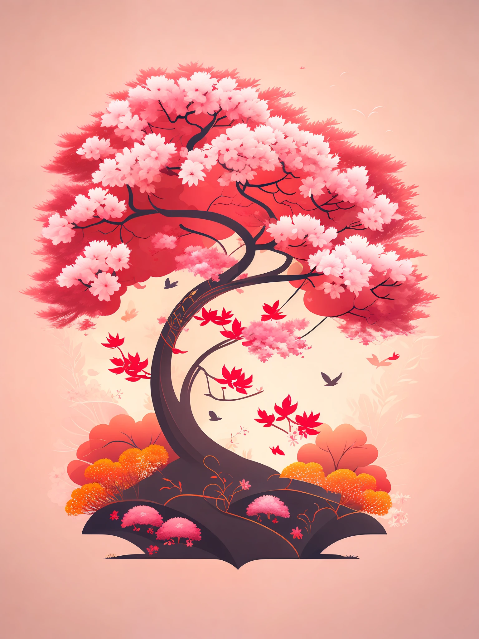 a sakura tree in an autumn landscape with flowers, t-shirt design vector art