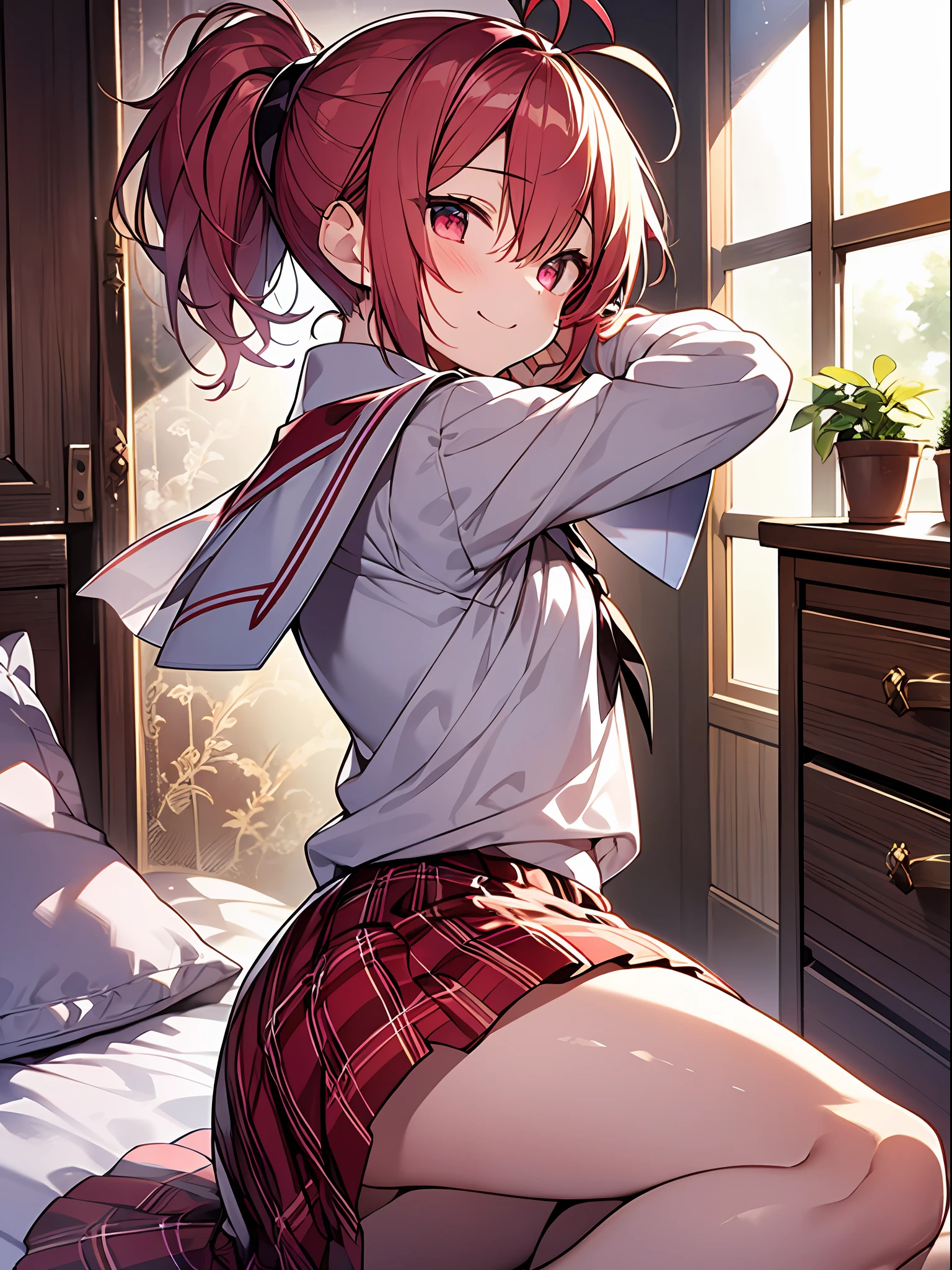 masterpiece, best quality,,flat chest , {{{eroge,game cg,high quality game cg},{{{1girl}}},red hair,dynamic angle,{{masterpiece}}, {{best quality}}}}, {{super detail}}, {{illustration}},petite,loli,, 10 years old. School Uniform、、、 Eyes Shining, Star Eyes, Red Eyes, Neon Trim, Ahoge, Antenna Hair, Short Hair, Small, Side Ponytail,, , ,, Redhead,,, Two-tone Hair, Glossy Hair, ,Charming Smile,, Ponytail Hairstyle, Side Ponytail, Tying Her Own Hair, Raising Her Arm, Revealing her armpit, cozy bedroom,girl room, sitting on the bed, perspective from behind, ponytail, side ponytail, bedroom, mirror, introspective.