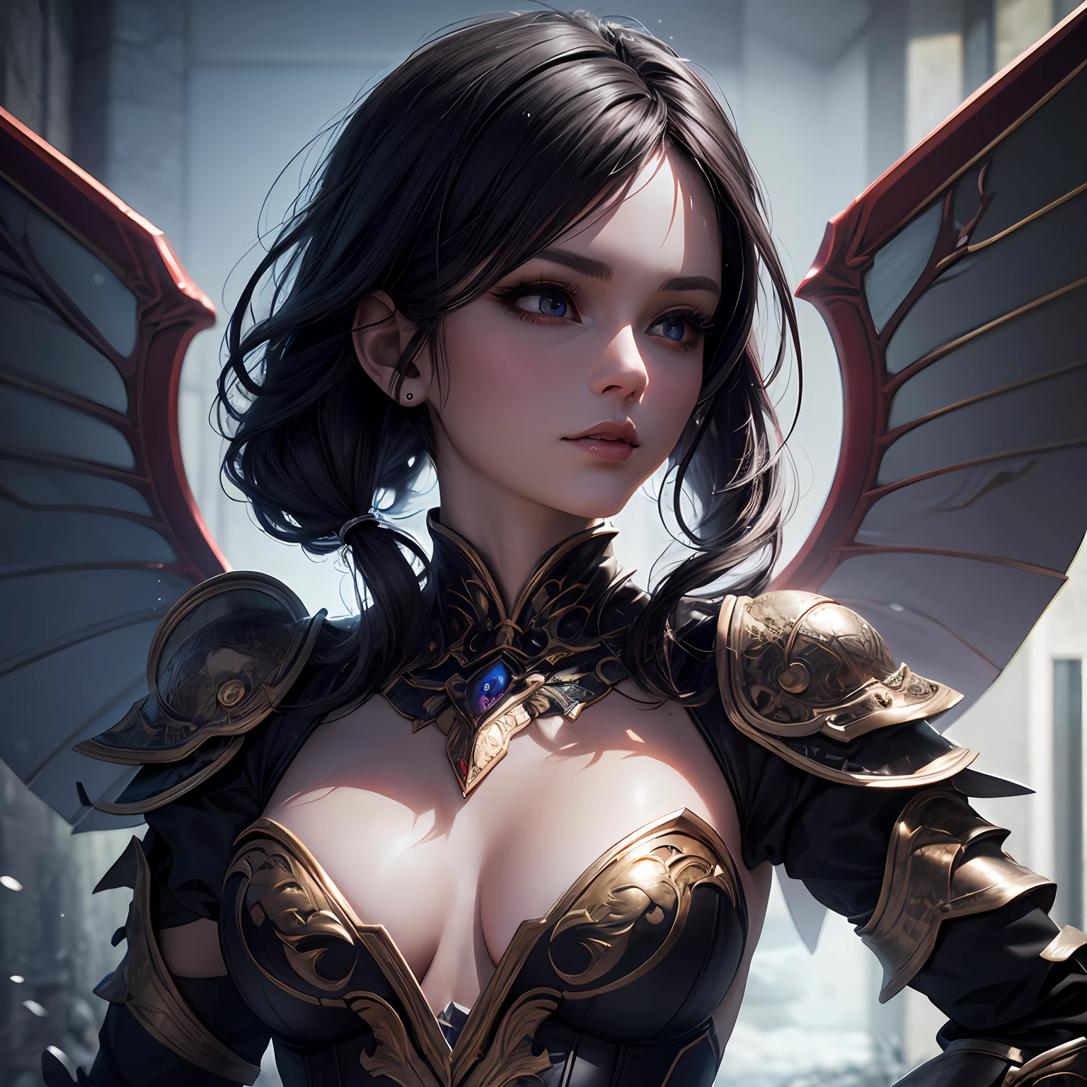 Style image of a woman in simple armor, (best quality, 8K, masterpiece: 1.3), petite body, (beautiful and detailed eyes), (super detail), (desktop wallpaper), beautiful face, (detailed face), clear facial features, perfect body beauty: 1.4, with wings, snow fairy, close-up fantasy of ice magic, 2. 5D CGI Anime Fantasy Artwork, Fantasy Art Act, Best Art Station for Fan Art, Deviant Art Station CGSCOSIETY, Digital Fantasy Art), Art Germ; 3D Unreal Engine, stunning fantasy 3D rendering, inspired by WLOP, Snow Surrounding, Snowfield