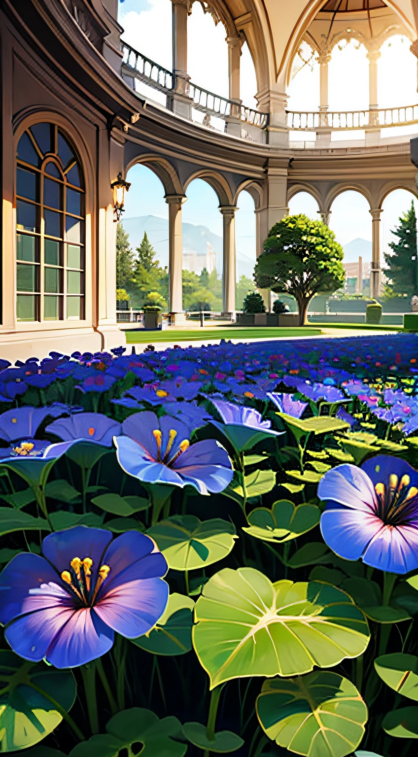 (top quality, masterpiece, ultra-realistic), indoor botanical garden, dome, lots of morning glory, the landscape in the background is a garden with petals and papas flying around. --auto --v6