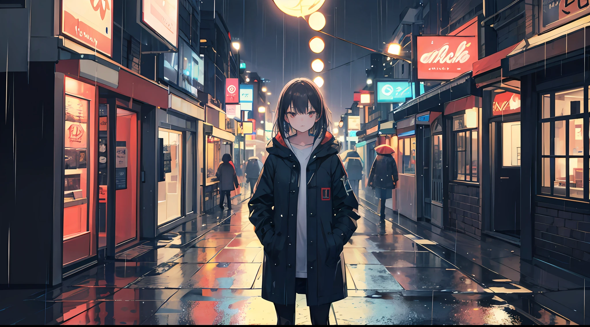 1girl, Night City, rain, coat, hands in pockets