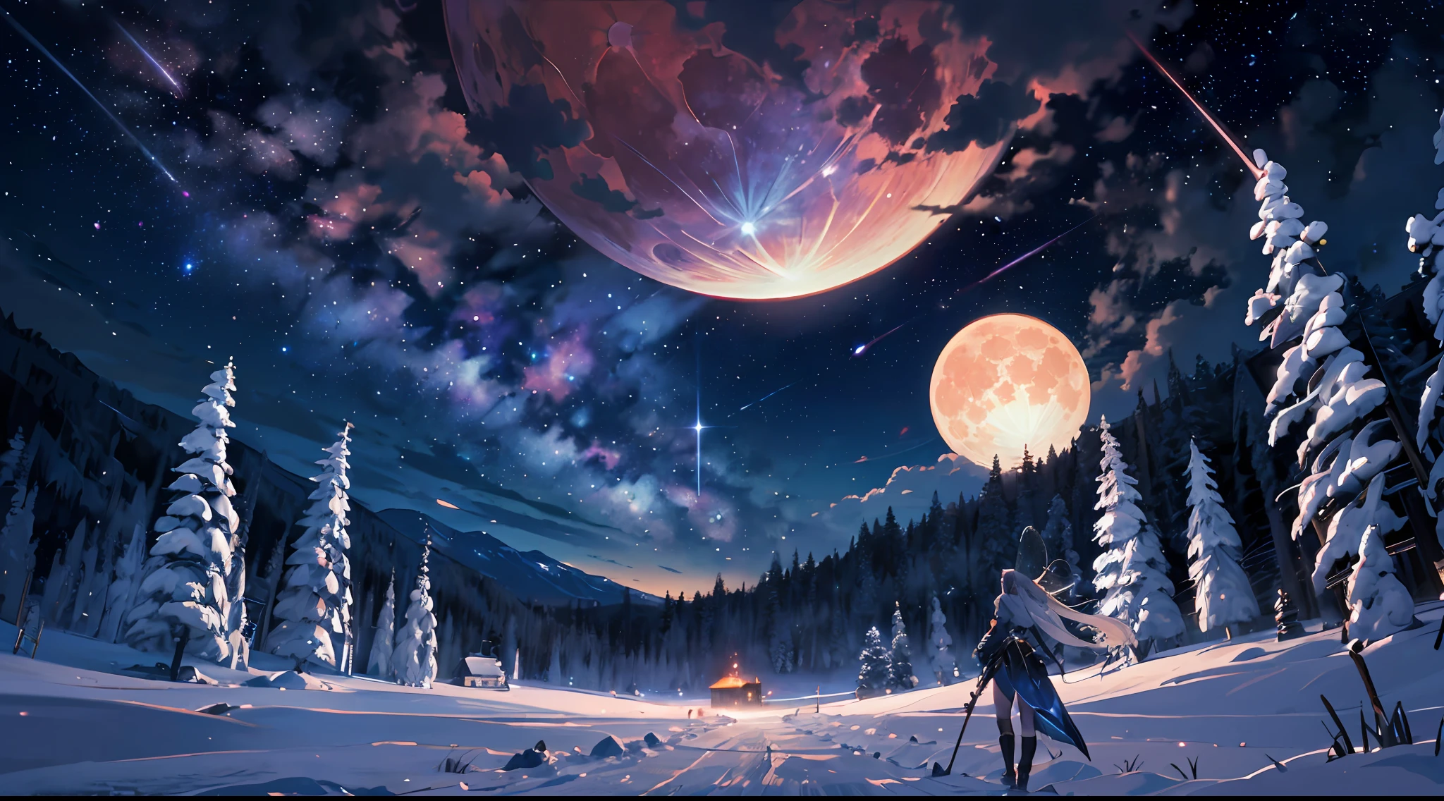 ((Best Quality)), ((Masterpiece)), Vast Landscape Photo, (From below, Sky above, Open Field Below), Back of a Maiden with a Sword in Hand, (Full Moon: 1.2), (Meteor: 0.9), (Nebula: 1.3), Distant Mountains, Trees BREAK Making Art, (Warm Light Source: 1.2), (Firefly: 1.2), Lamps, Lots of Purple and Orange, Intricate Detailing, Volumetric Lighting, Realism BREAK (Masterpiece: 1.2), (Best Quality), 4K, Ultra-Detailed, (Dynamic Composition: 1.4), Very Detailed, Rich in Detail, (Iridescent: 1.2), (Glow, Atmospheric Illumination), Dreamy, Magical, (Solo: 1.2), Depth of Field, Maximum Sharpness and Clarity, Perfect Proportions, 8K RAW