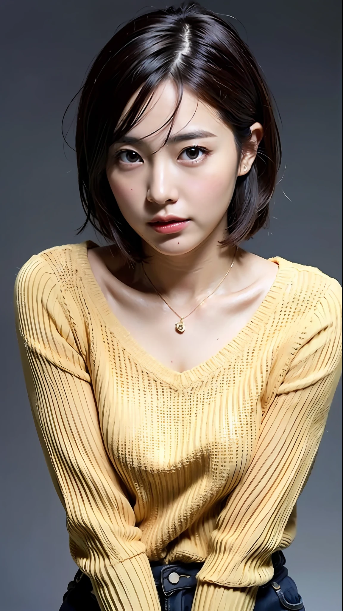 (Best Quality, 8k, 32k, Masterpiece, UHD: 1.2), Cute Japan Woman Pictures, Very Short Bob Hair, Face Focus, (oversized_sweater,:1.1) Necklace, Simple Background, Watch Viewer, Leaning Forward, Full Body