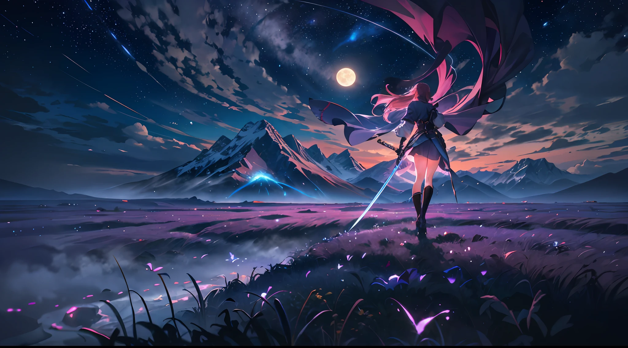 A woman with a sword standing in a field under a full moon - SeaArt AI